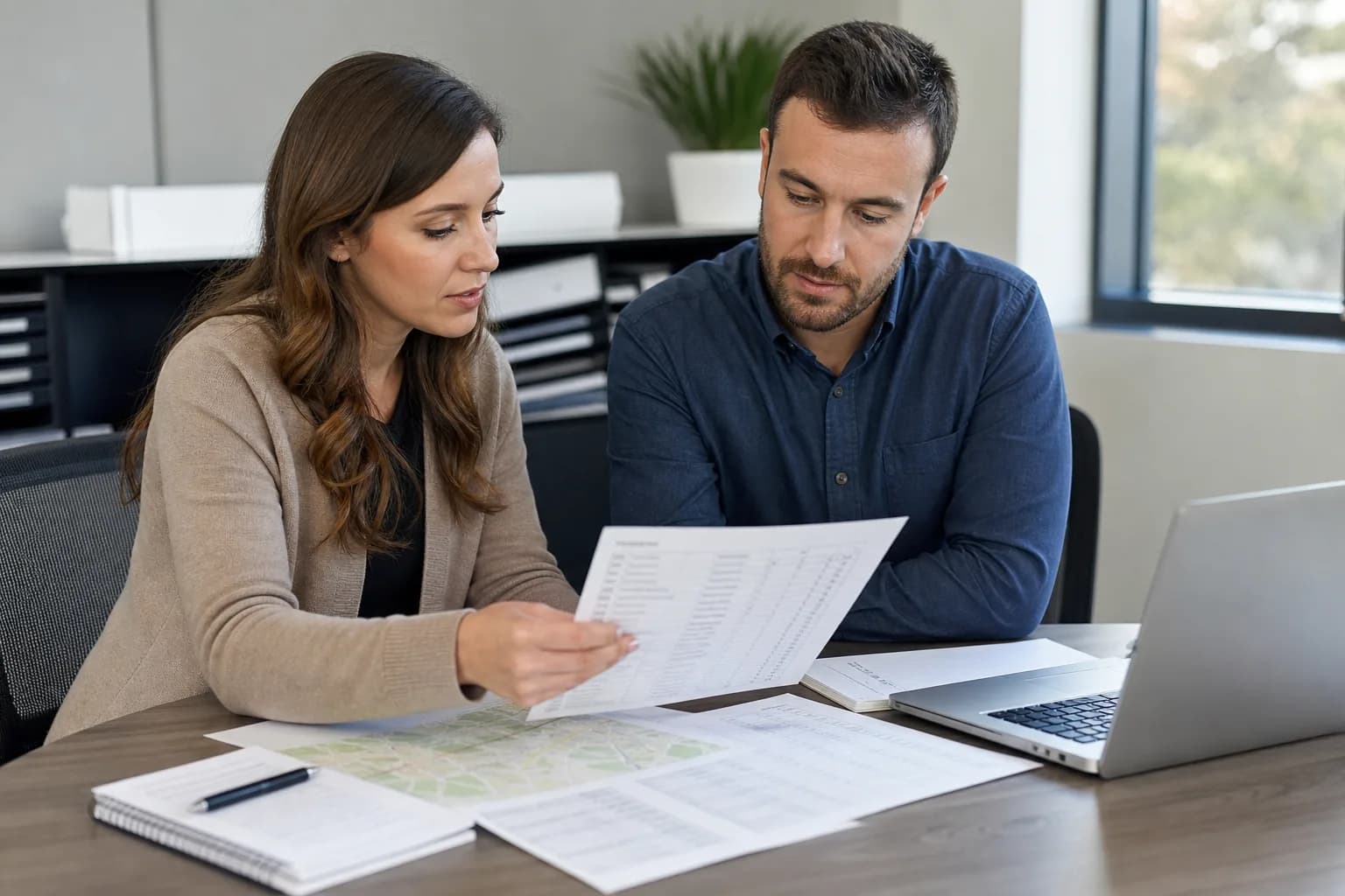 Two people at a table comparing printed trip paperwork and a paper map beside an open laptop