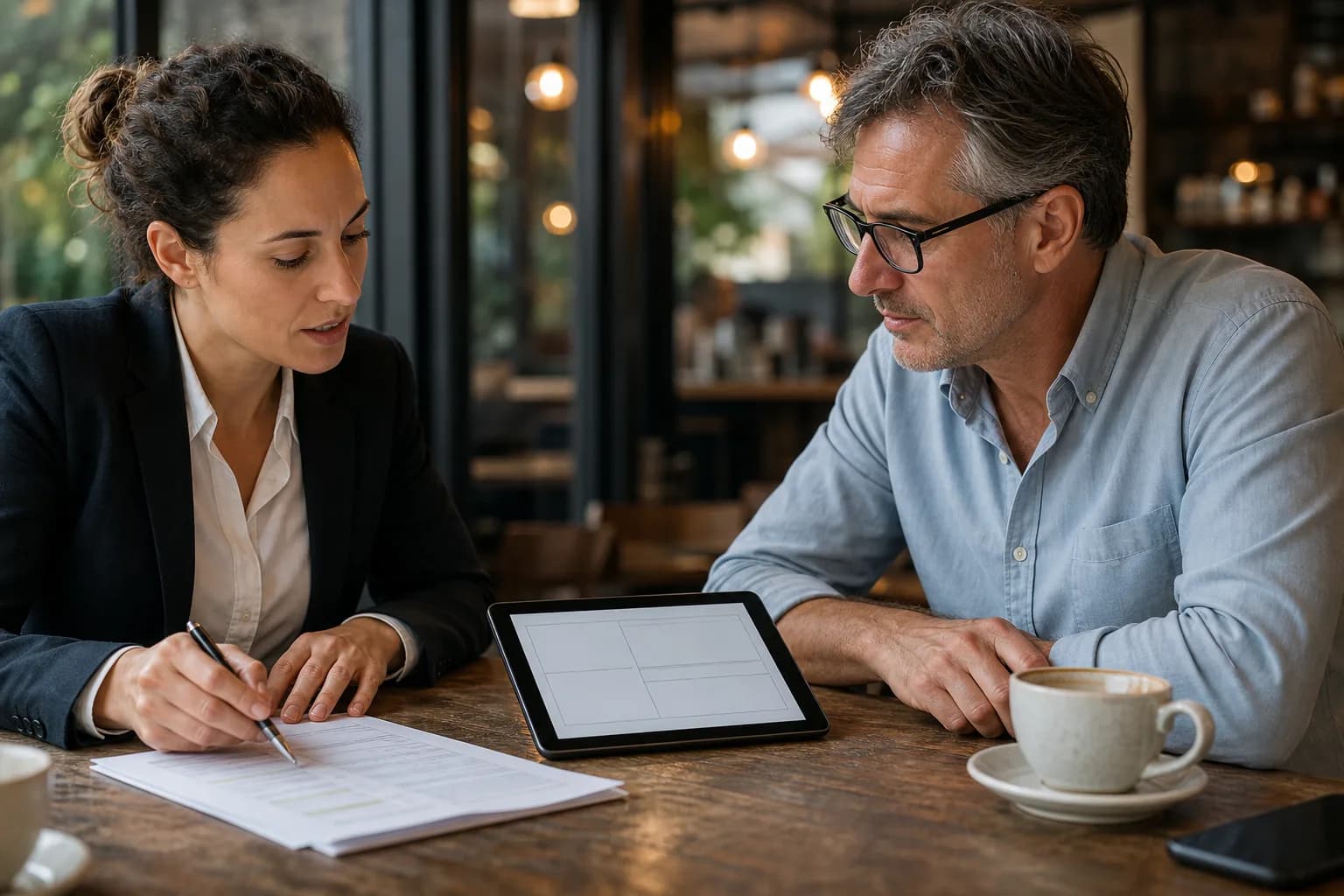 Two people going over a tablet and handwritten notes across a table with coffee