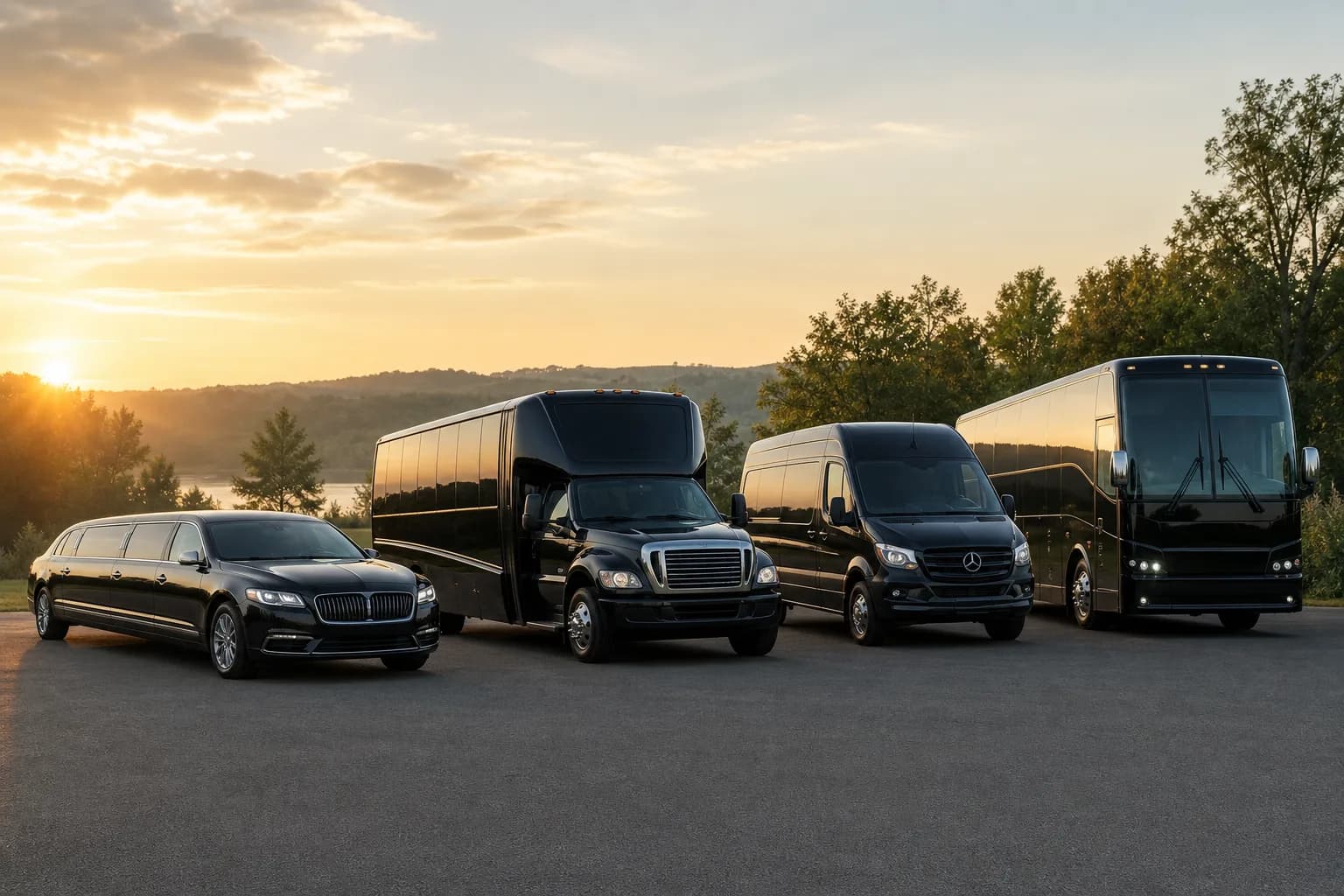 Row of black limousines, sprinter vans and coaches parked side by side at sunrise