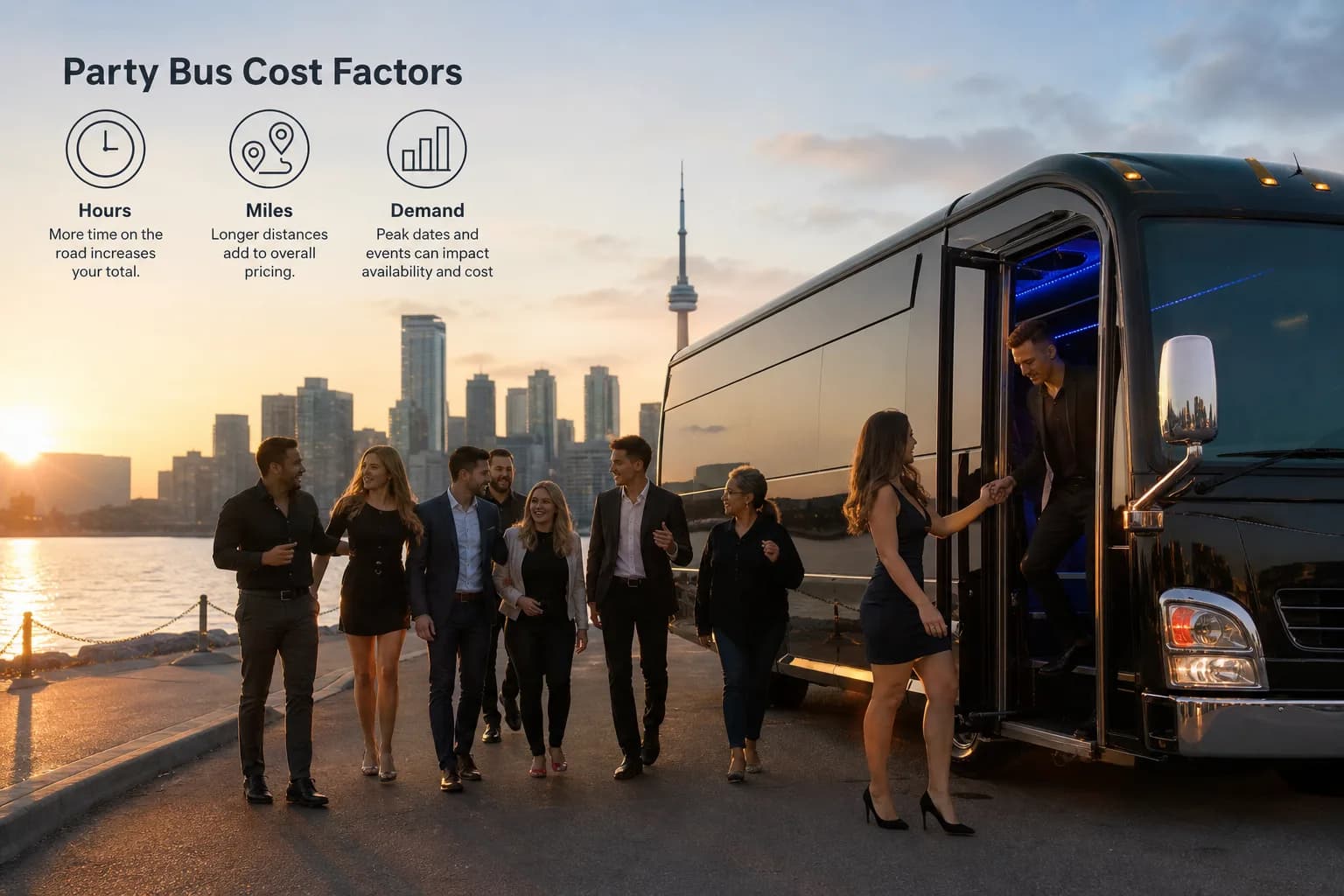 Bus 2 Ride โ party bus with cost-factor icons as subtle environmental storytelling (hours, miles, demand)