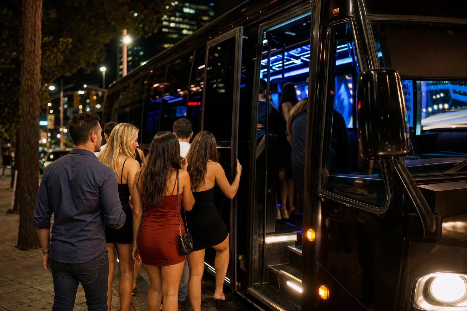 Group boarding a lit party bus on a tree-lined city street at night