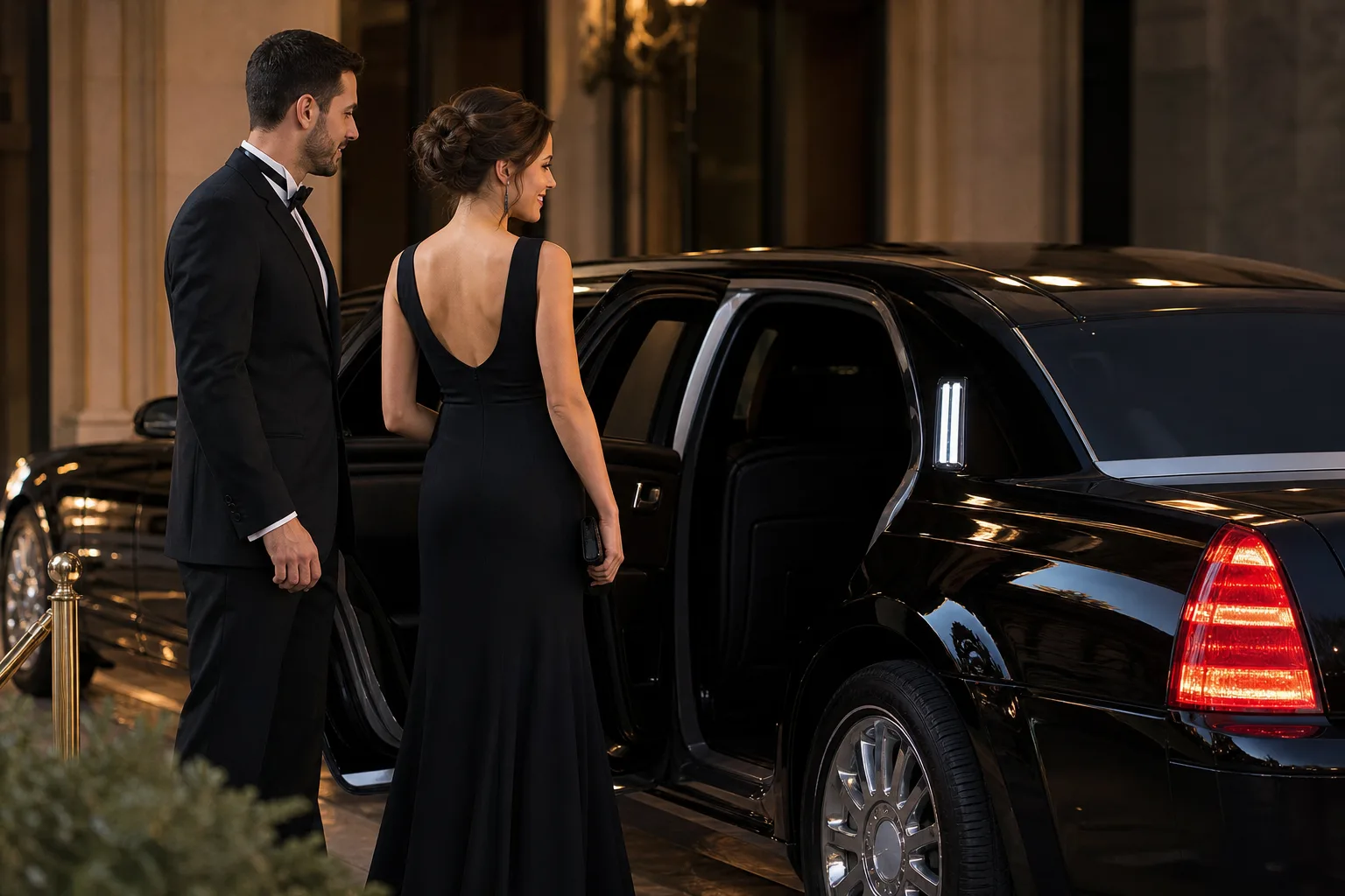 Couple in formal dress stepping into a black limousine outside a lit building