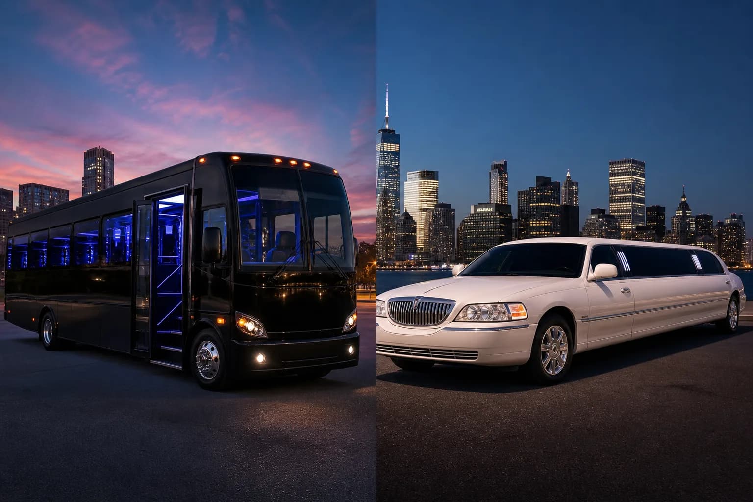 Party bus and a white stretch limousine photographed against a city skyline at dusk