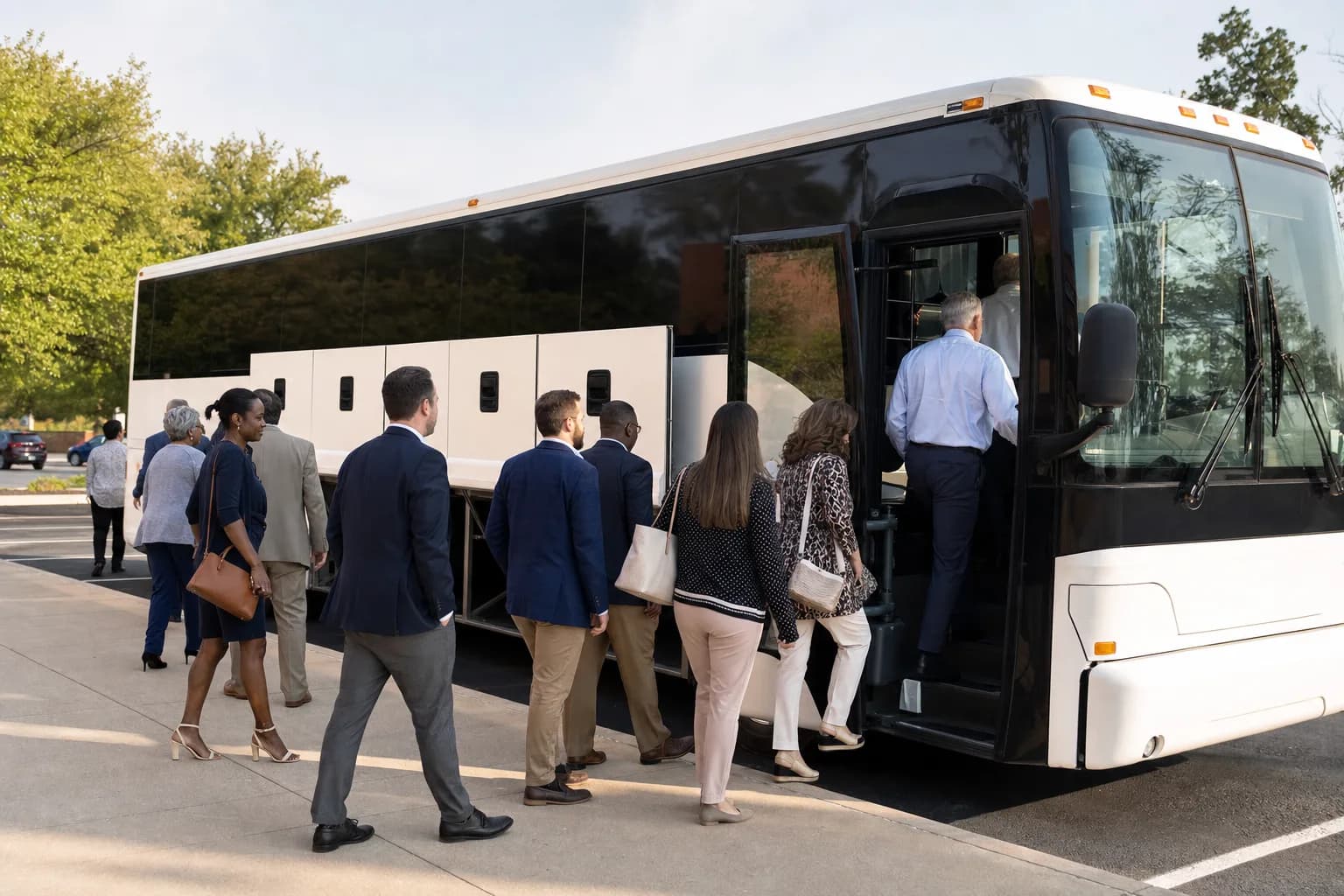 Group in business clothes stepping aboard a motorcoach on a paved lot