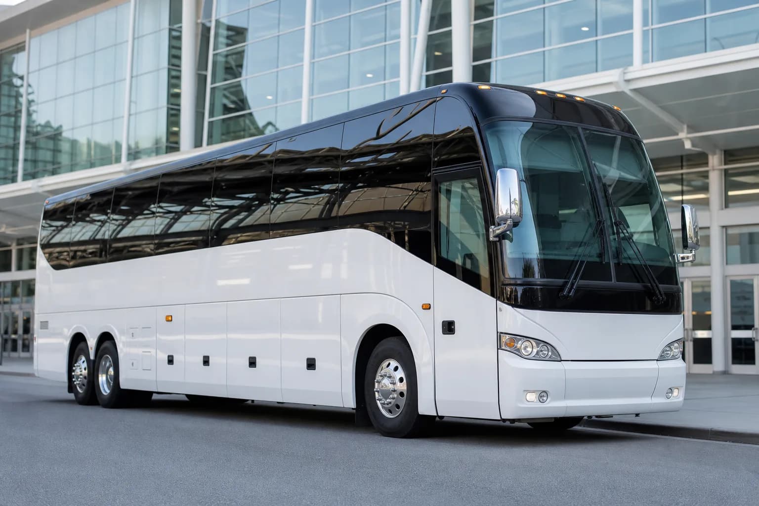 White motorcoach parked alongside a glass terminal building