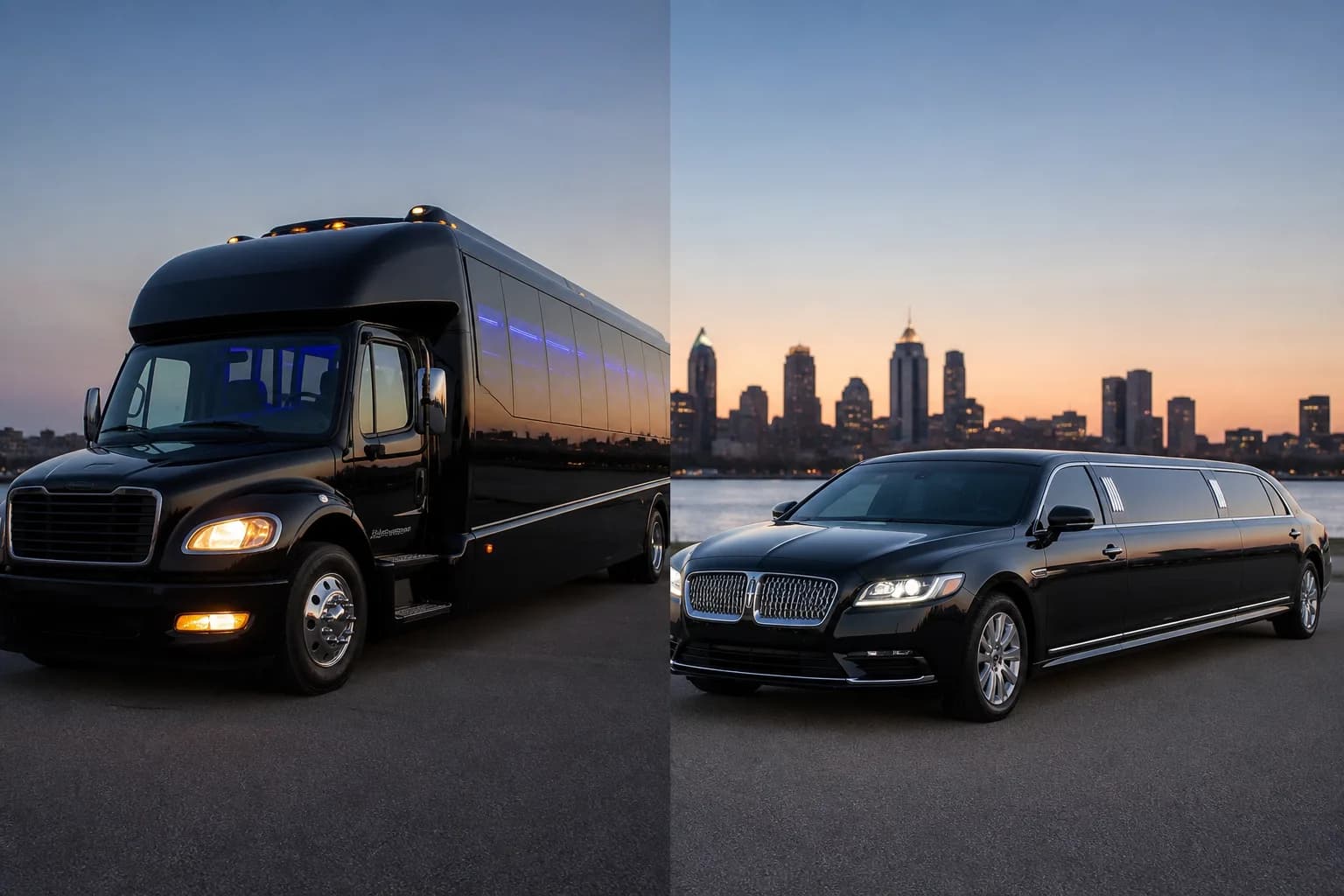 Black party bus beside a black stretch limousine, both photographed at dusk