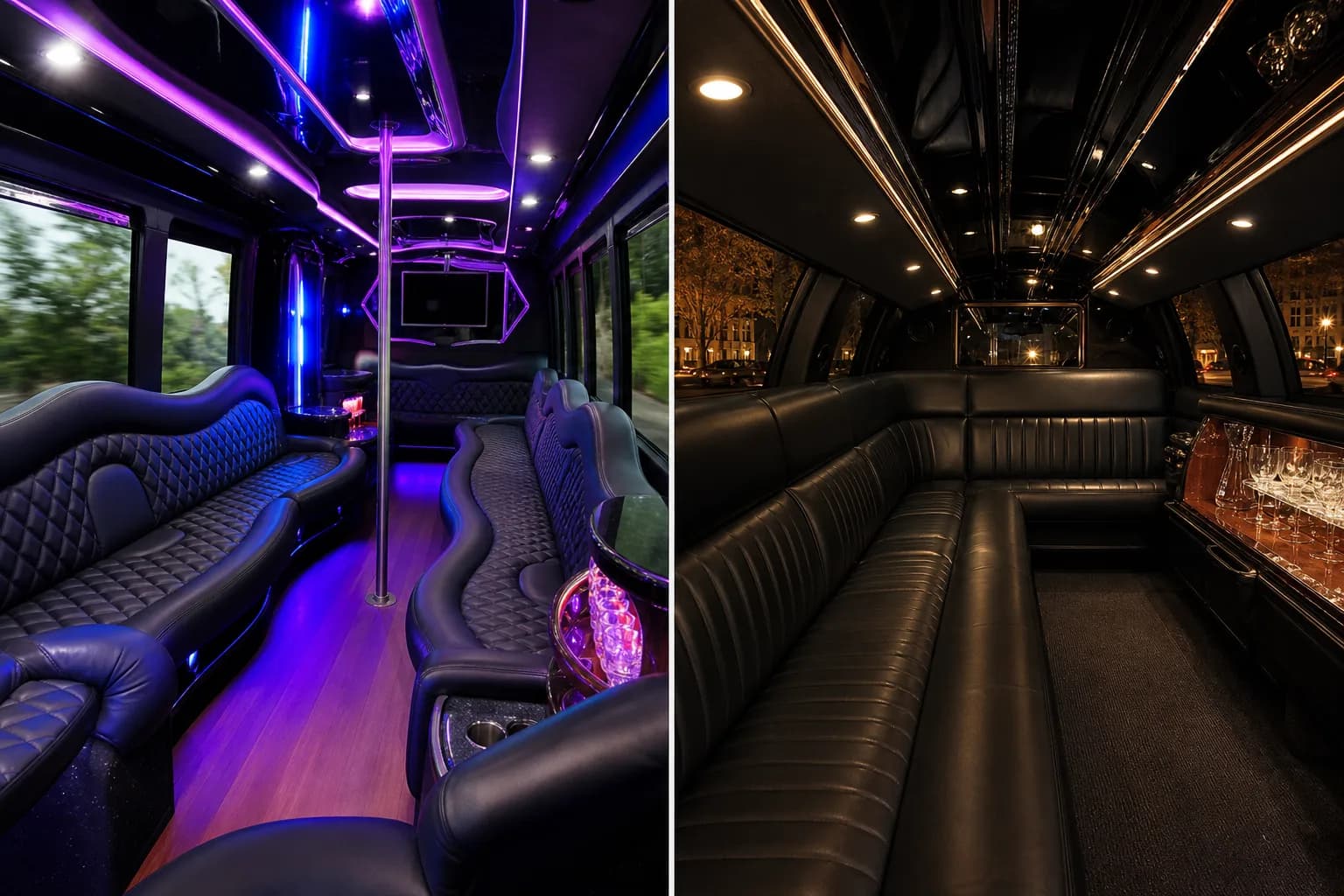 Purple-lit party bus lounge next to a dark limousine cabin with a lit bar