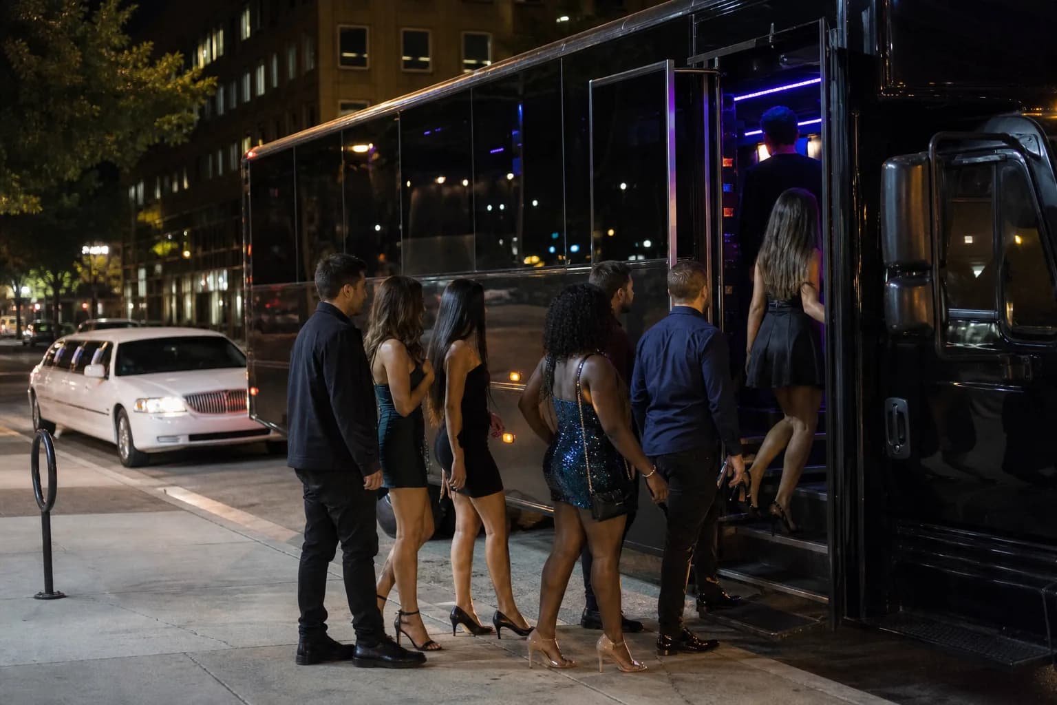 Group boarding a party bus at night with a white stretch limousine parked behind