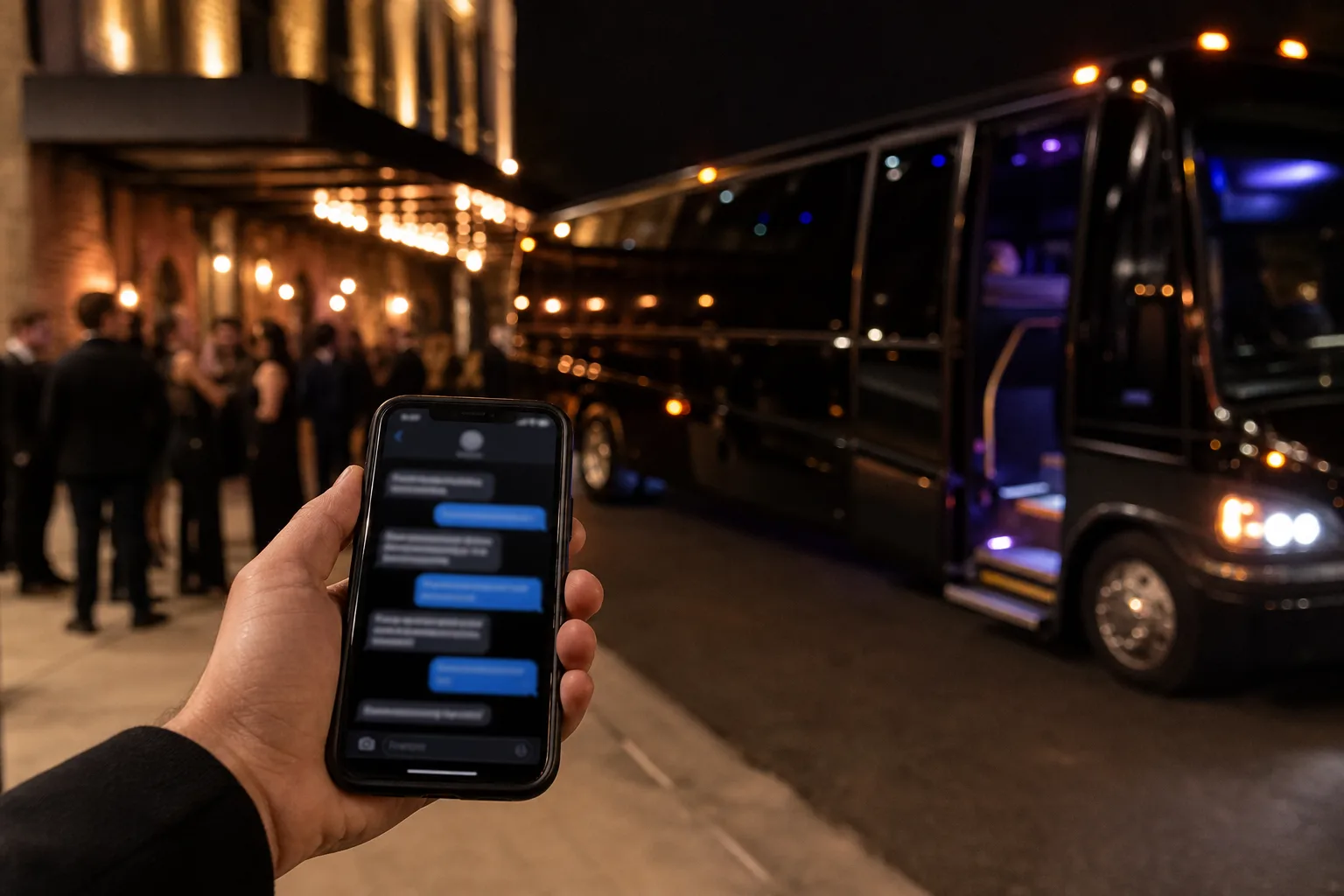 Hand holding a phone with a chat thread open while a lit party bus waits behind at night