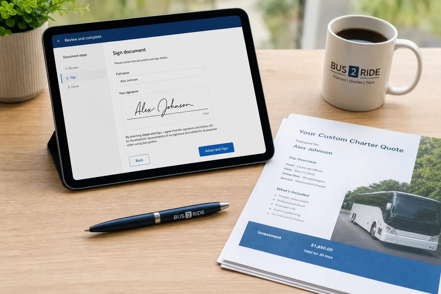 Tablet showing a document signature screen next to a printed charter quote and a mug