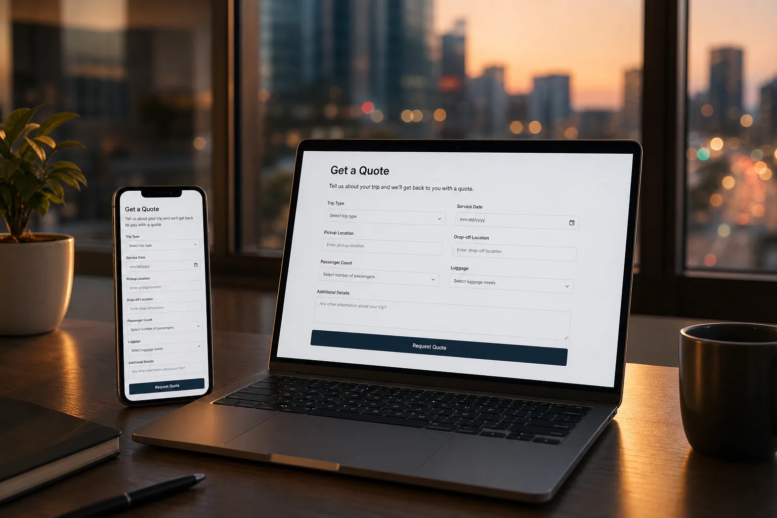 Quote request form open on a laptop and a phone on a desk beside a city window