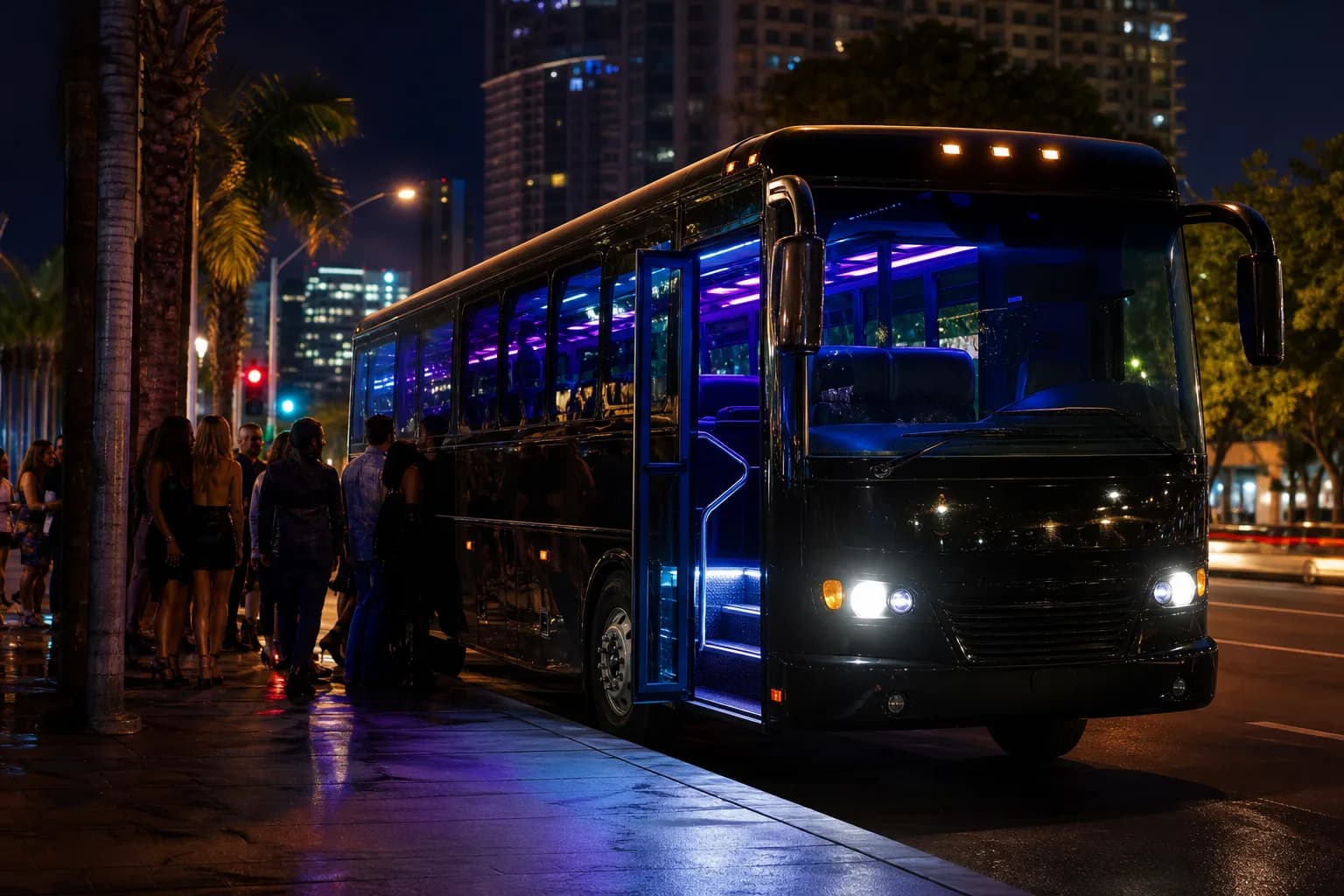 Party bus lit in purple on a city street at night with guests standing alongside