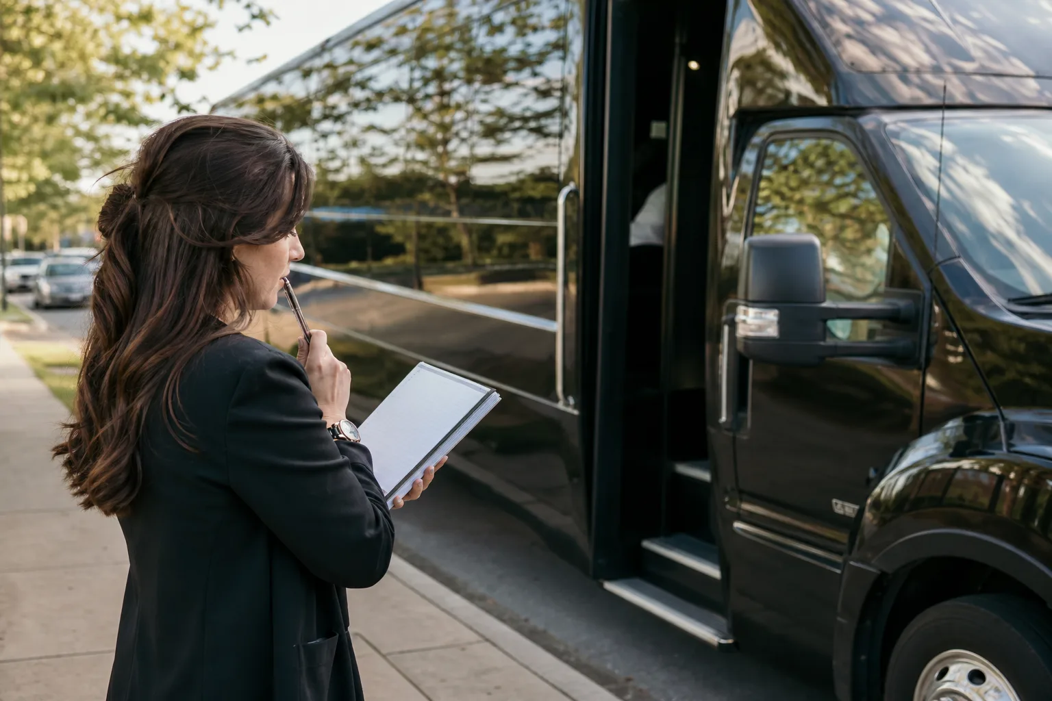 Woman holding a tablet beside the open door of a black sprinter van