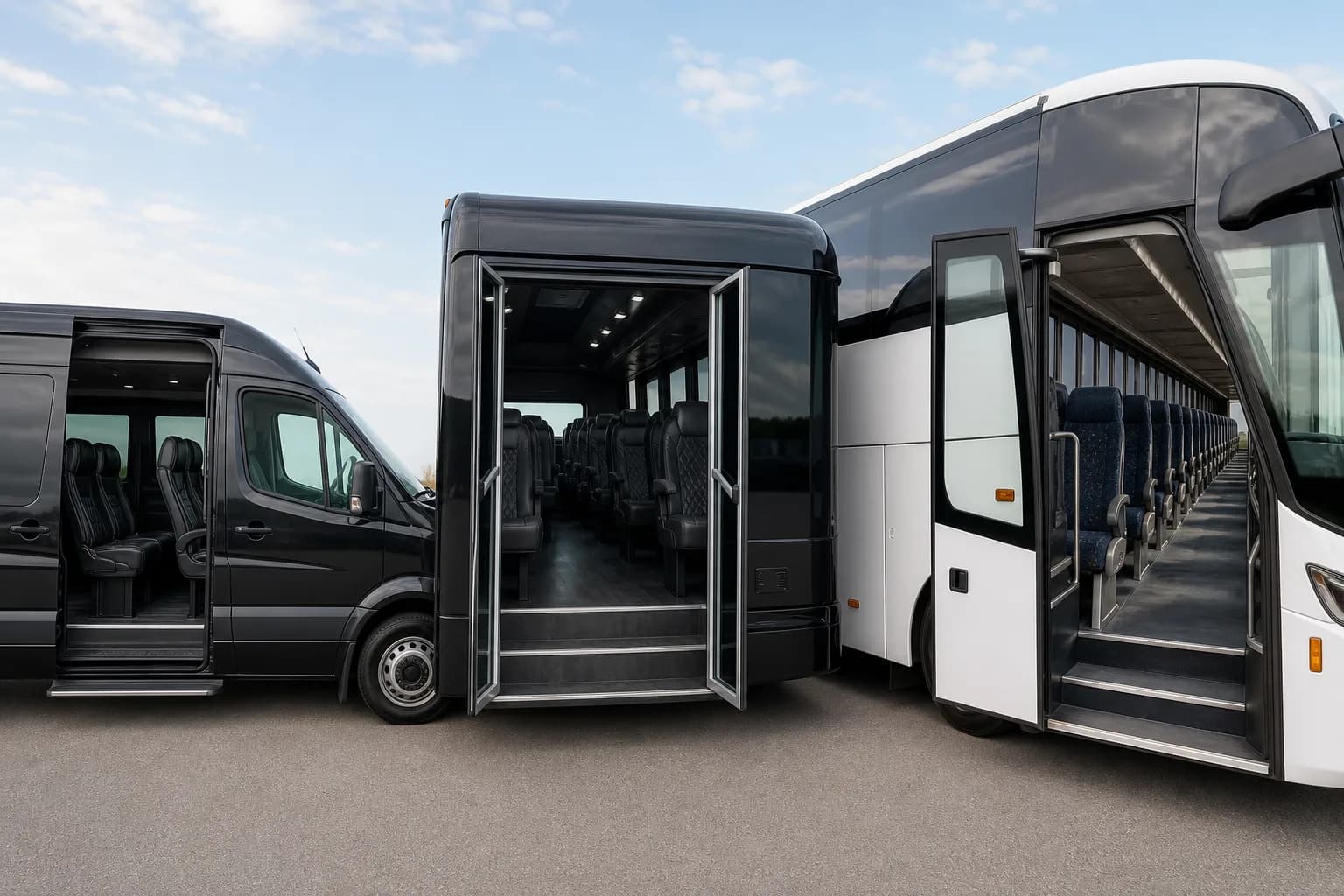 Sprinter van and a motorcoach parked side by side with their passenger doors open