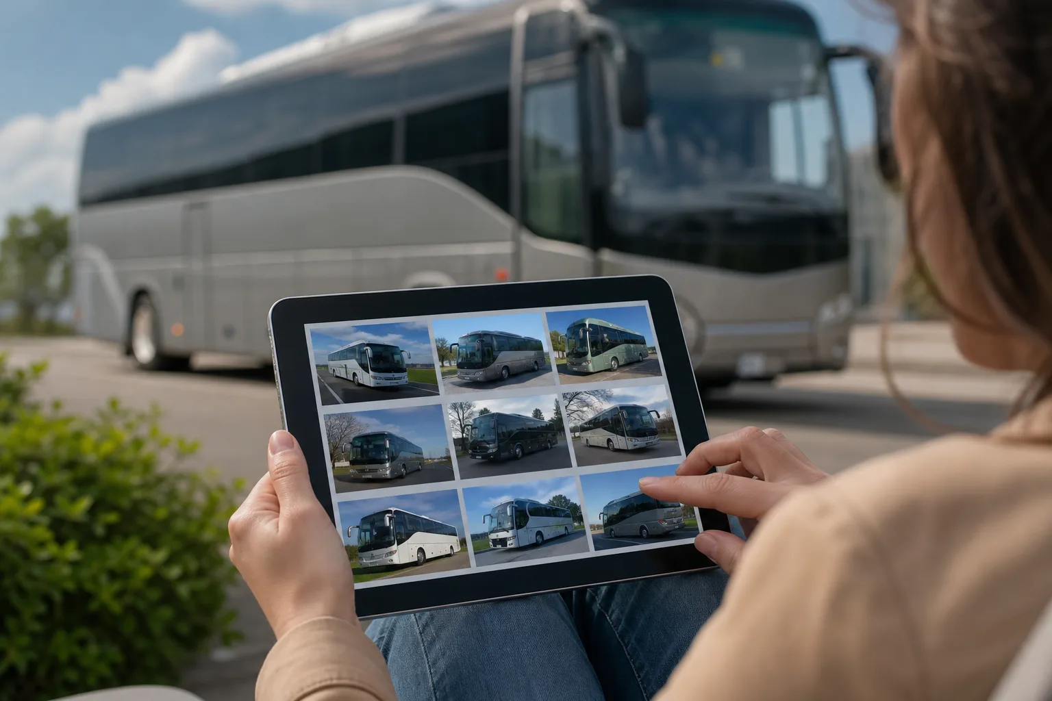 Hands holding a tablet showing a grid of vehicle photos with a coach parked behind