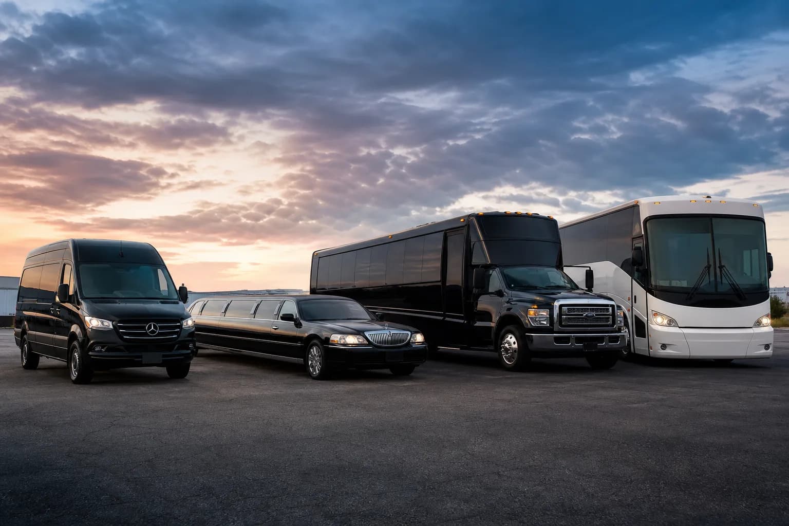 Line-up of sprinter vans, a party bus and motorcoaches parked together at dusk