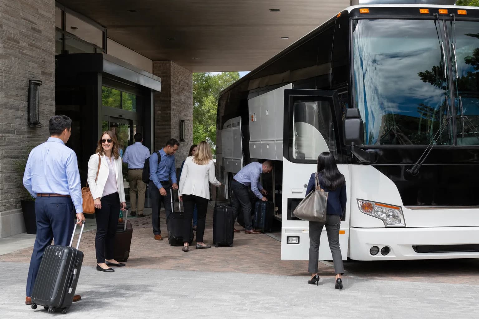 Travellers with rolling suitcases boarding a white coach