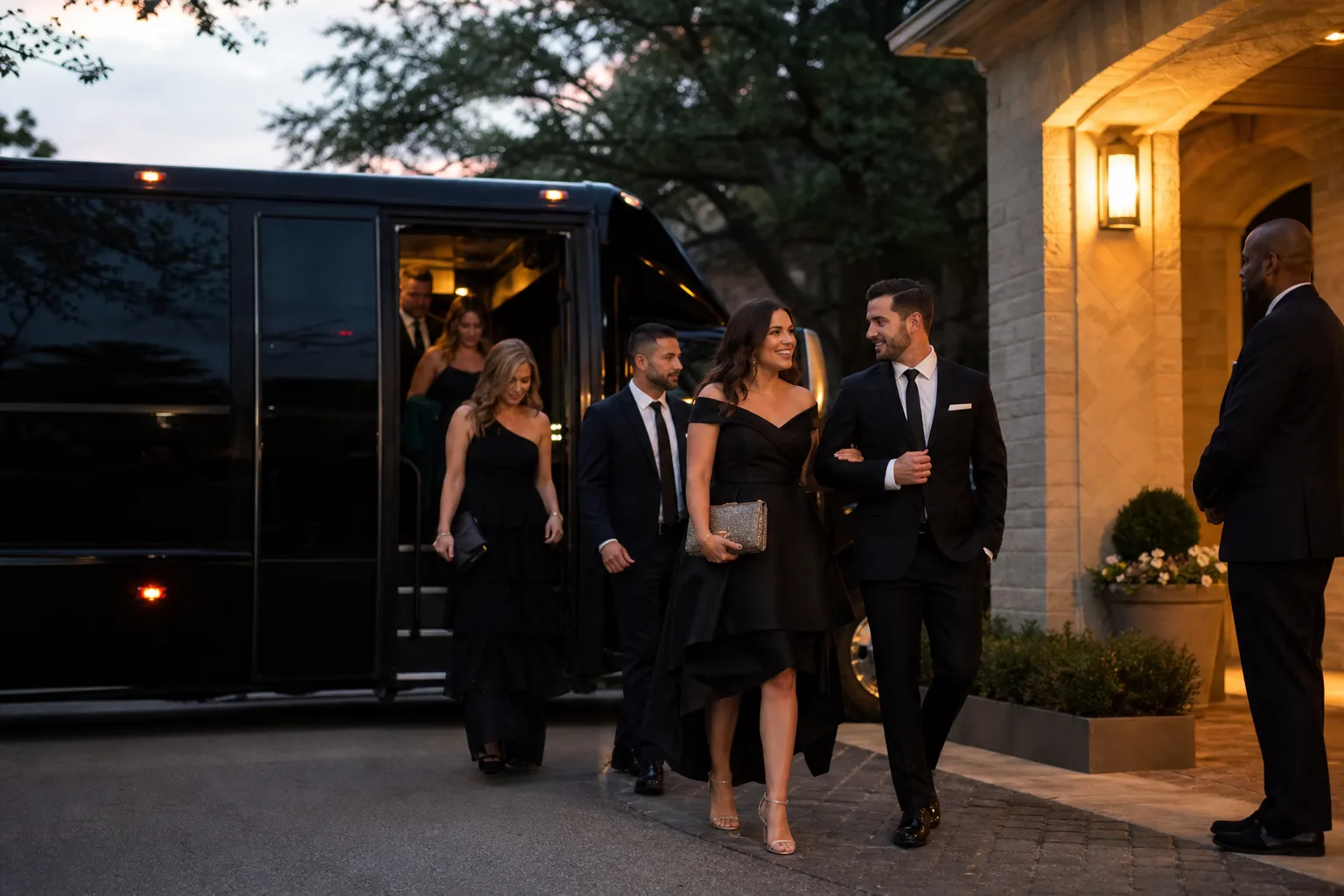 Formally dressed group walking away from a black bus at night