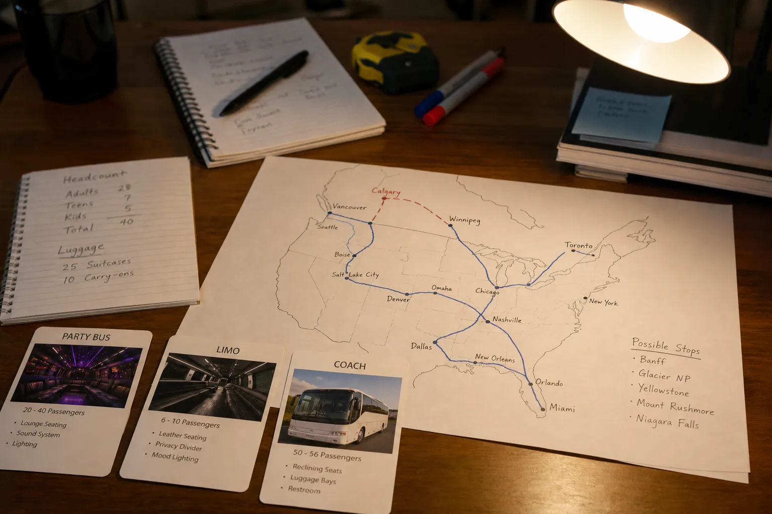 Desk lit by a lamp with a hand-drawn route map, a notebook and printed vehicle cards