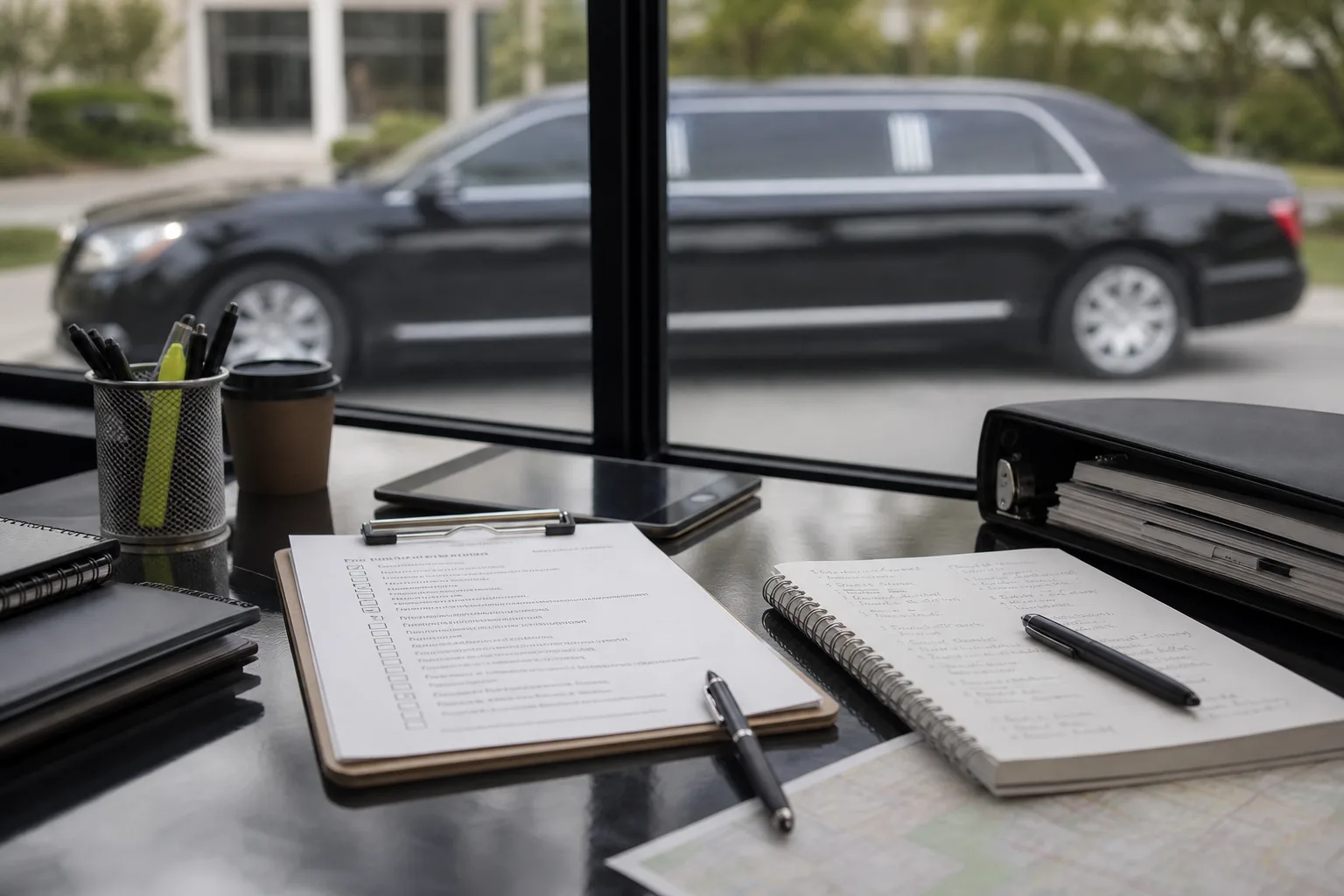 Desk with a clipboard, notebook and pens, a black stretch limousine parked outside the window