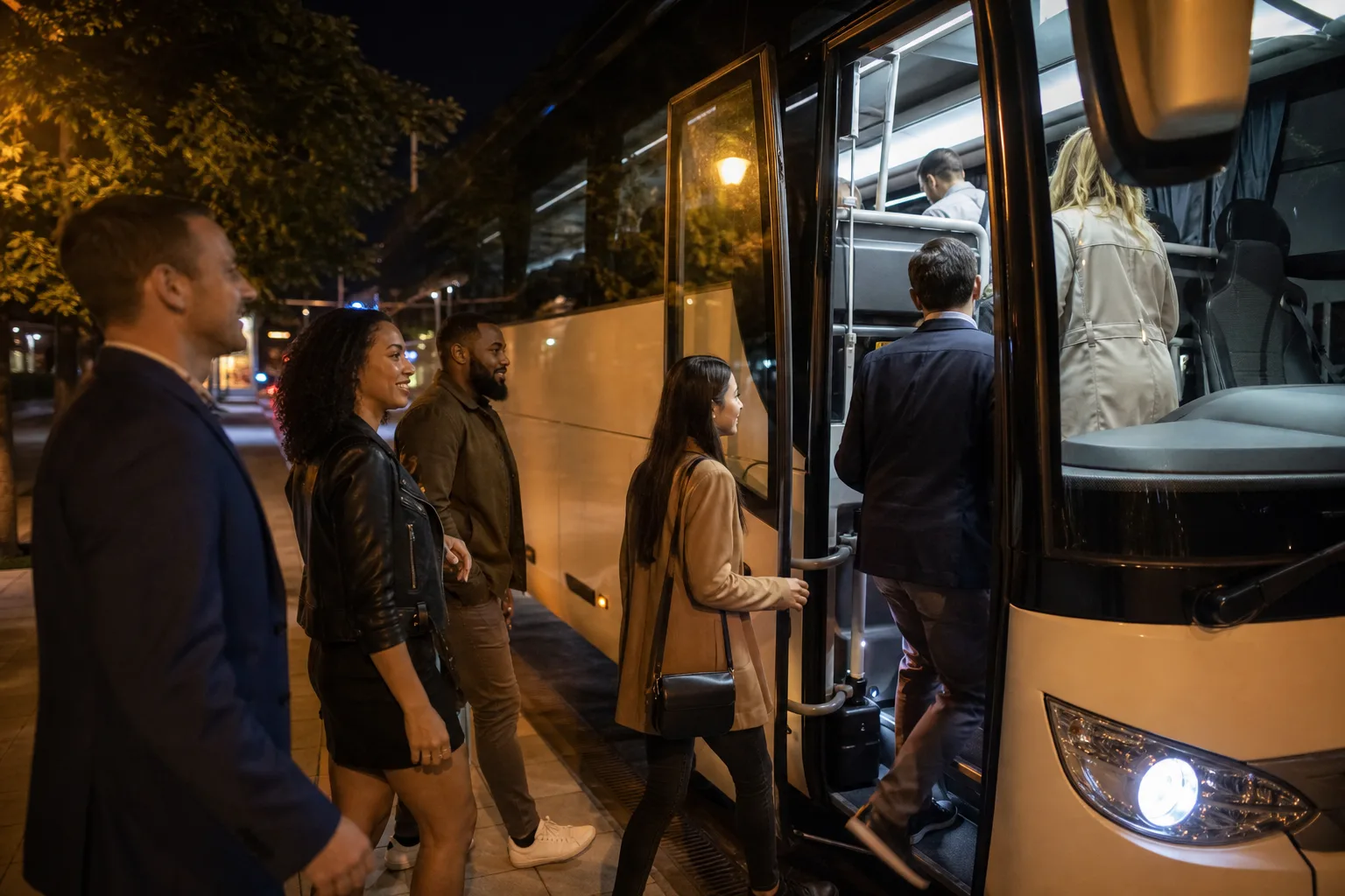 Group stepping aboard a bus through its open door in daylight