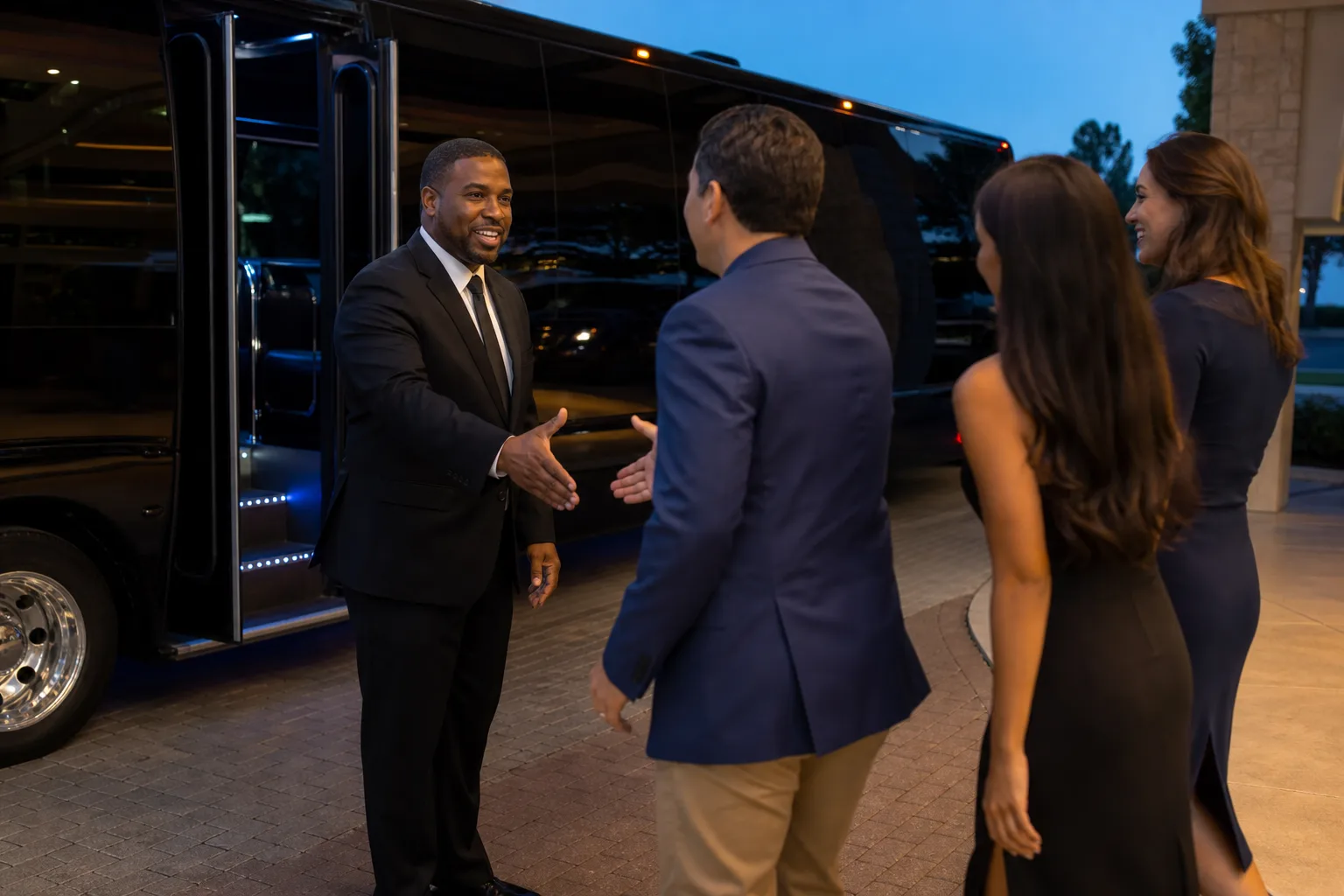 Chauffeur in a suit greeting four guests beside a black bus
