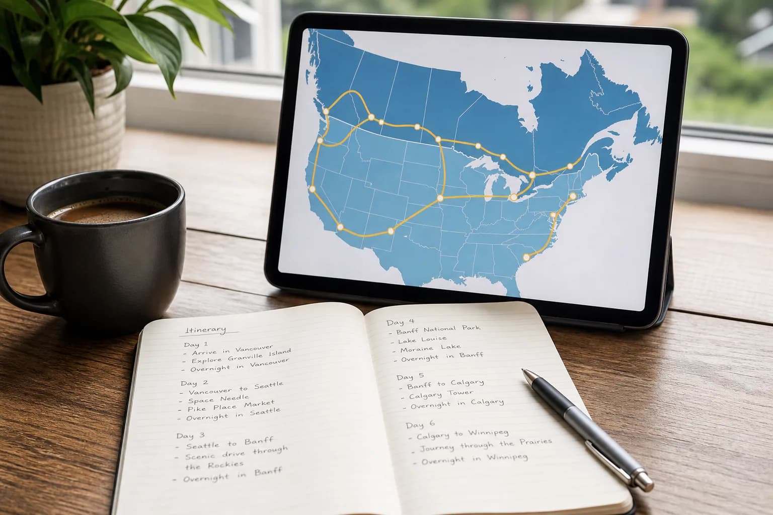 Tablet showing a North America map with a route line drawn across it beside an open notebook and a coffee cup