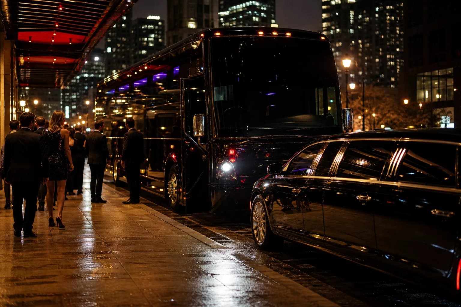 Party bus and a black stretch limousine on a wet city street at night