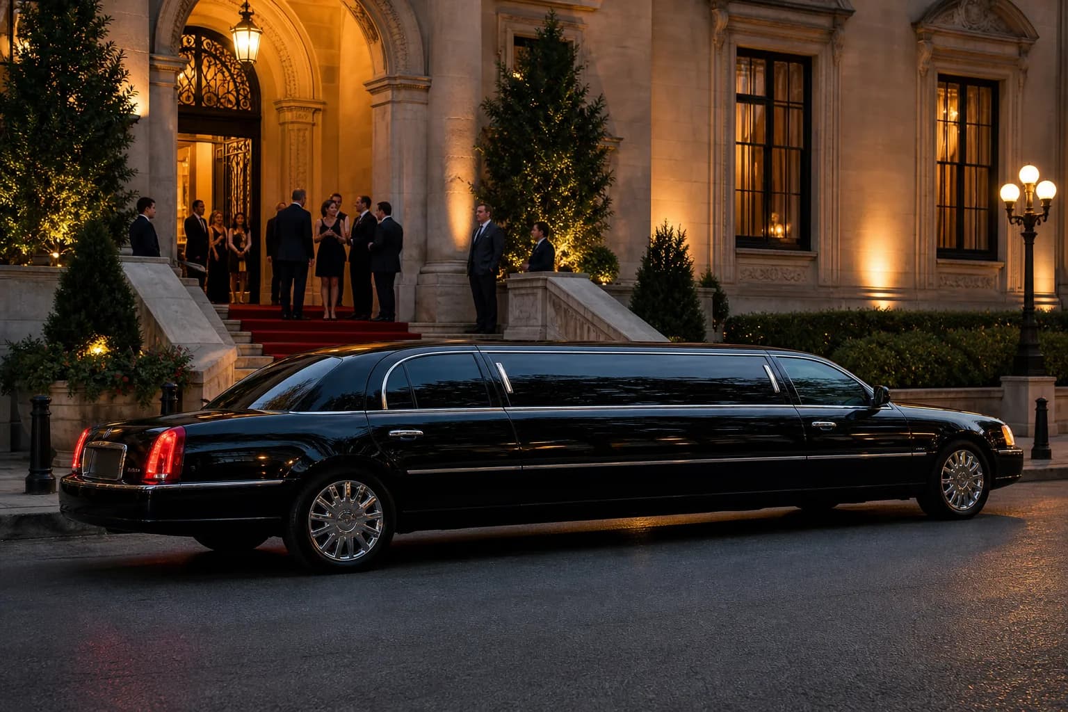 White stretch limousine parked outside a lit stone building at night