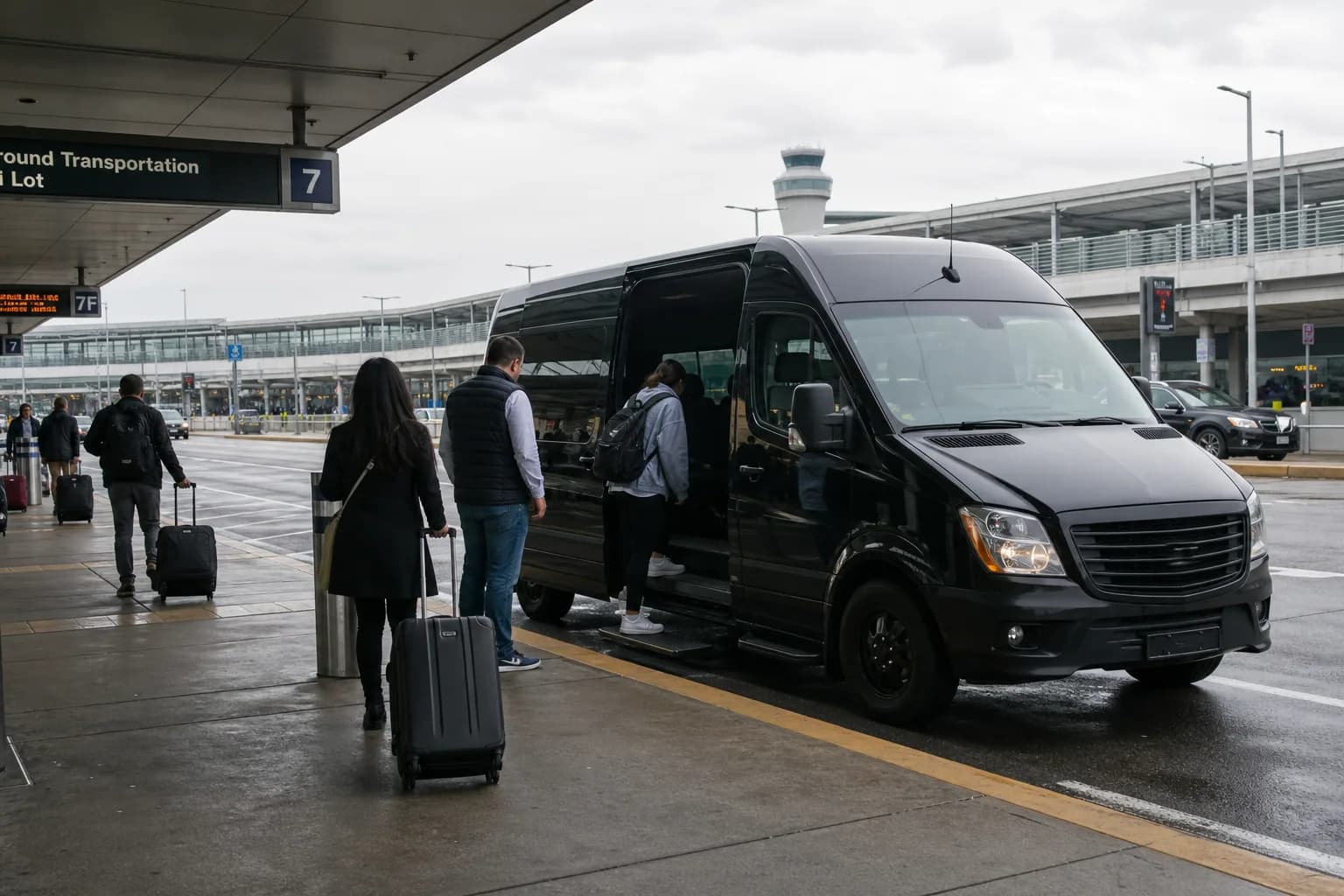 Travellers wheeling suitcases to a black sprinter van at an airport ground transportation curb