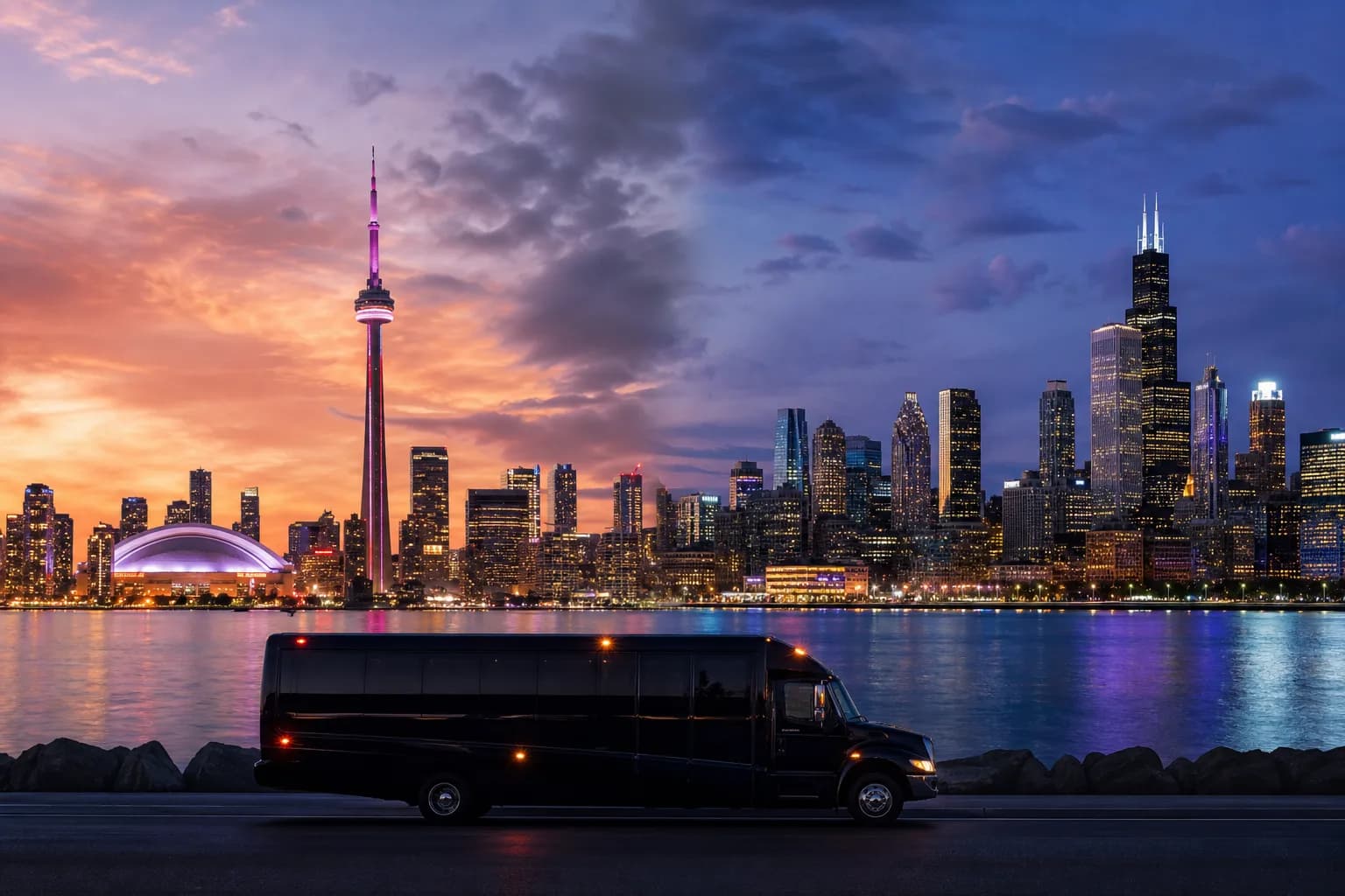 Party bus parked on a lakefront road with a downtown skyline glowing behind it at dusk
