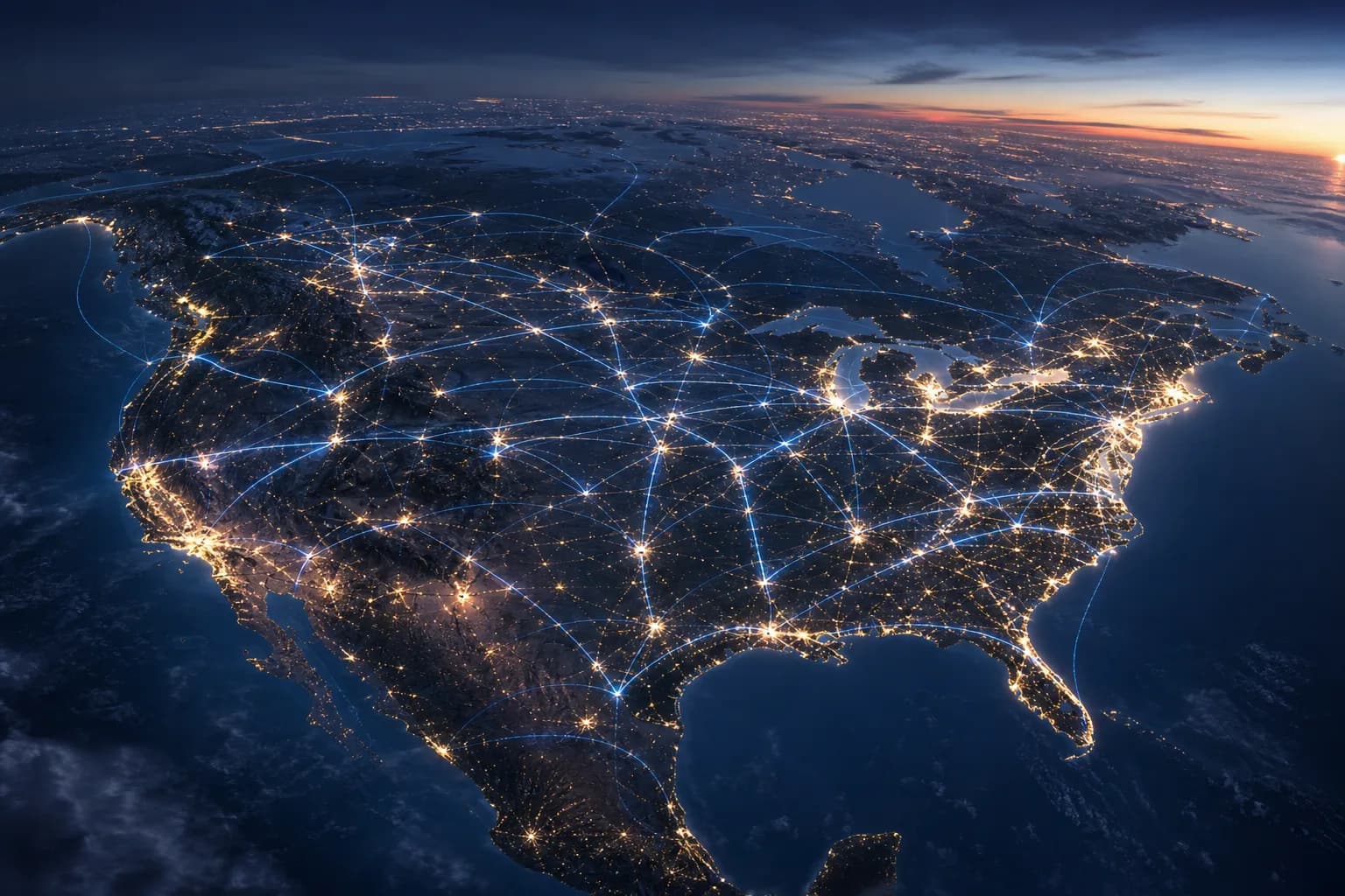 North America seen from above at night, city lights strung along the major corridors