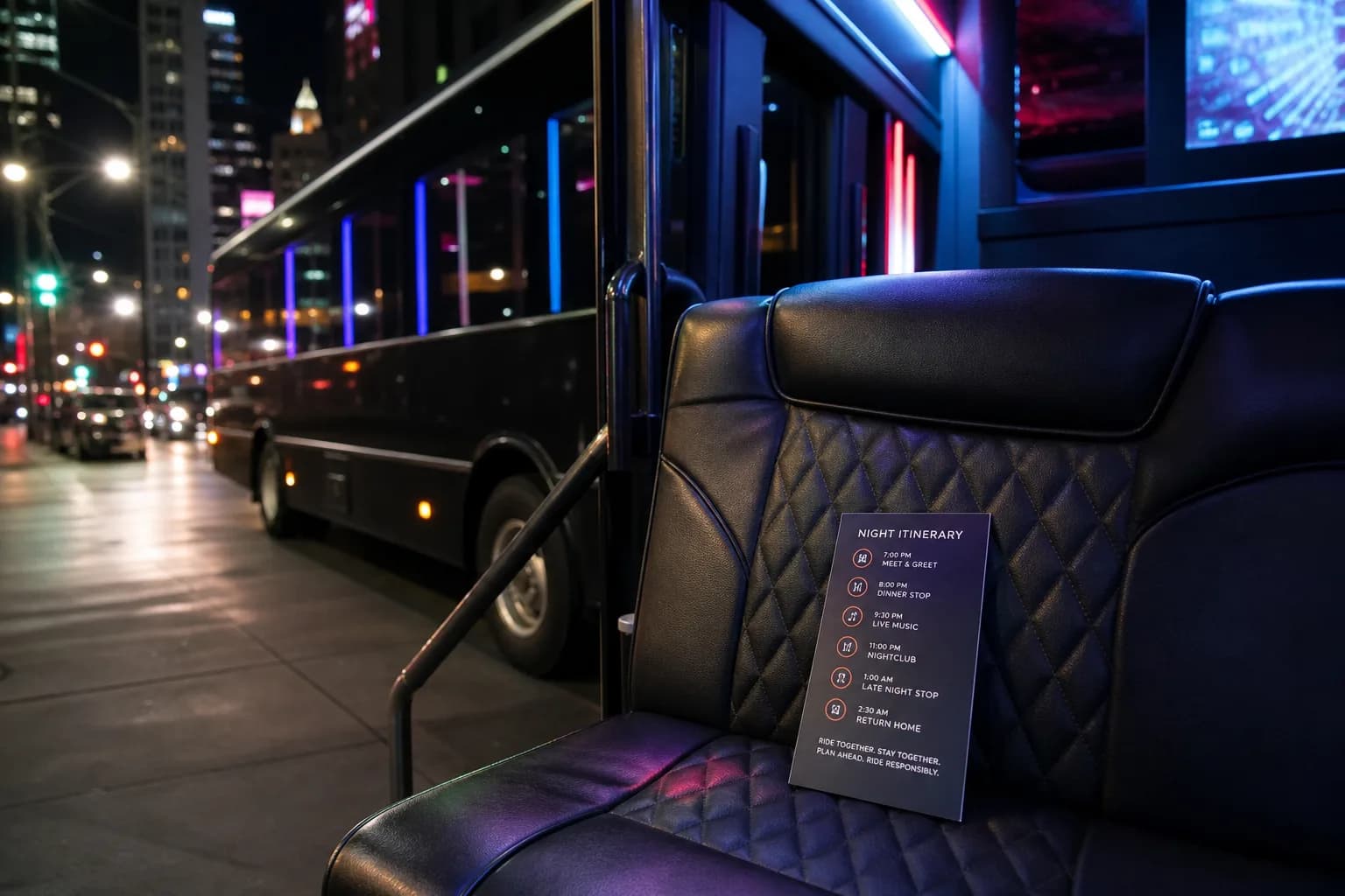 Close-up of quilted black leather party bus seating with a printed card resting on the cushion