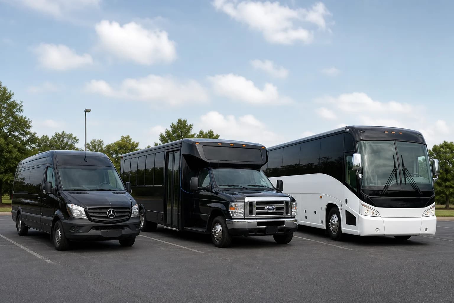 Sprinter van, minibus and full-size coach lined up under a blue sky