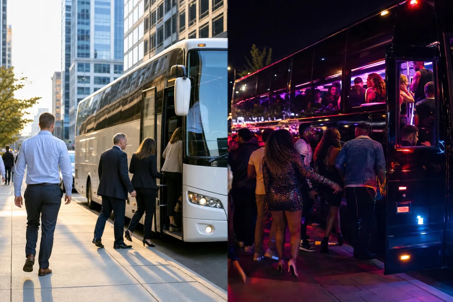 Daytime group boarding a coach beside a night scene of guests at a party bus