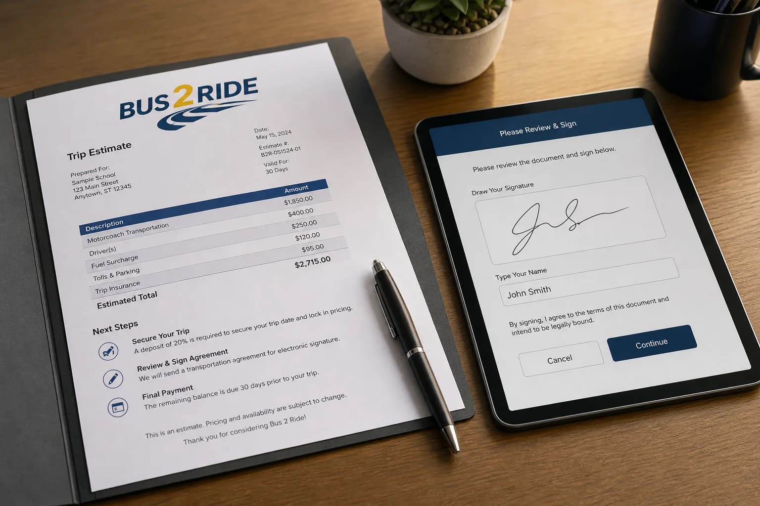 Printed trip estimate on a clipboard beside a tablet showing a signature screen