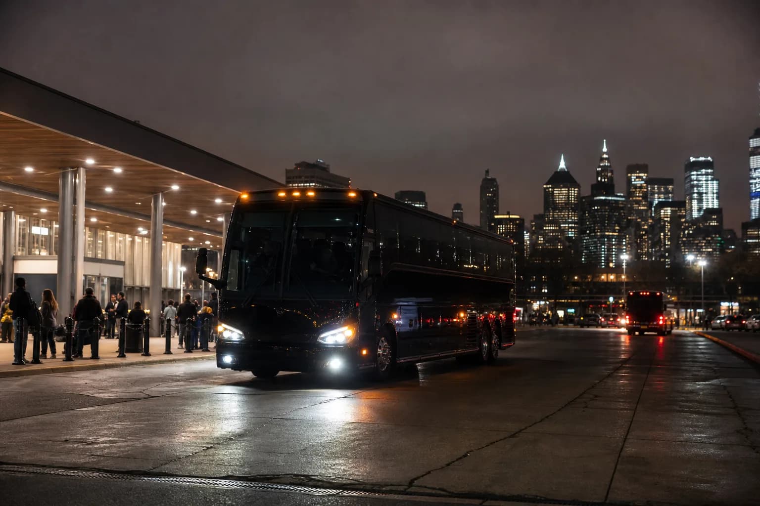 Black motorcoach waiting under a lit terminal canopy with a city skyline behind it at dusk