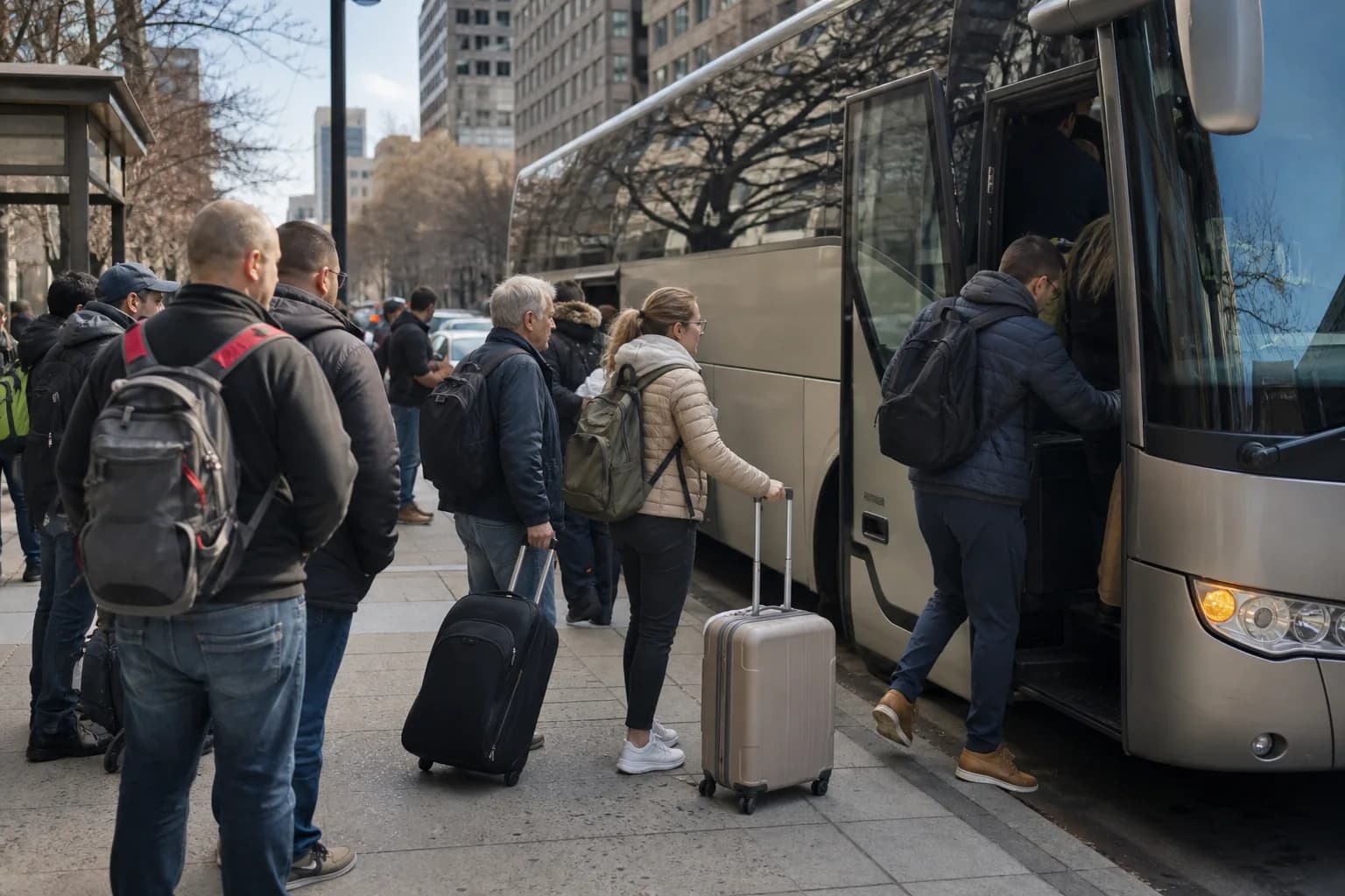 Passengers with rolling suitcases and backpacks boarding a coach at a downtown curb