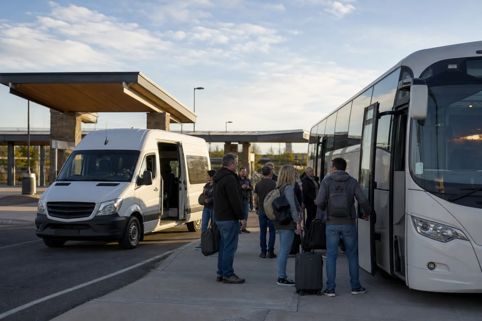 White sprinter van and a coach parked under a transit canopy while passengers wait with luggage