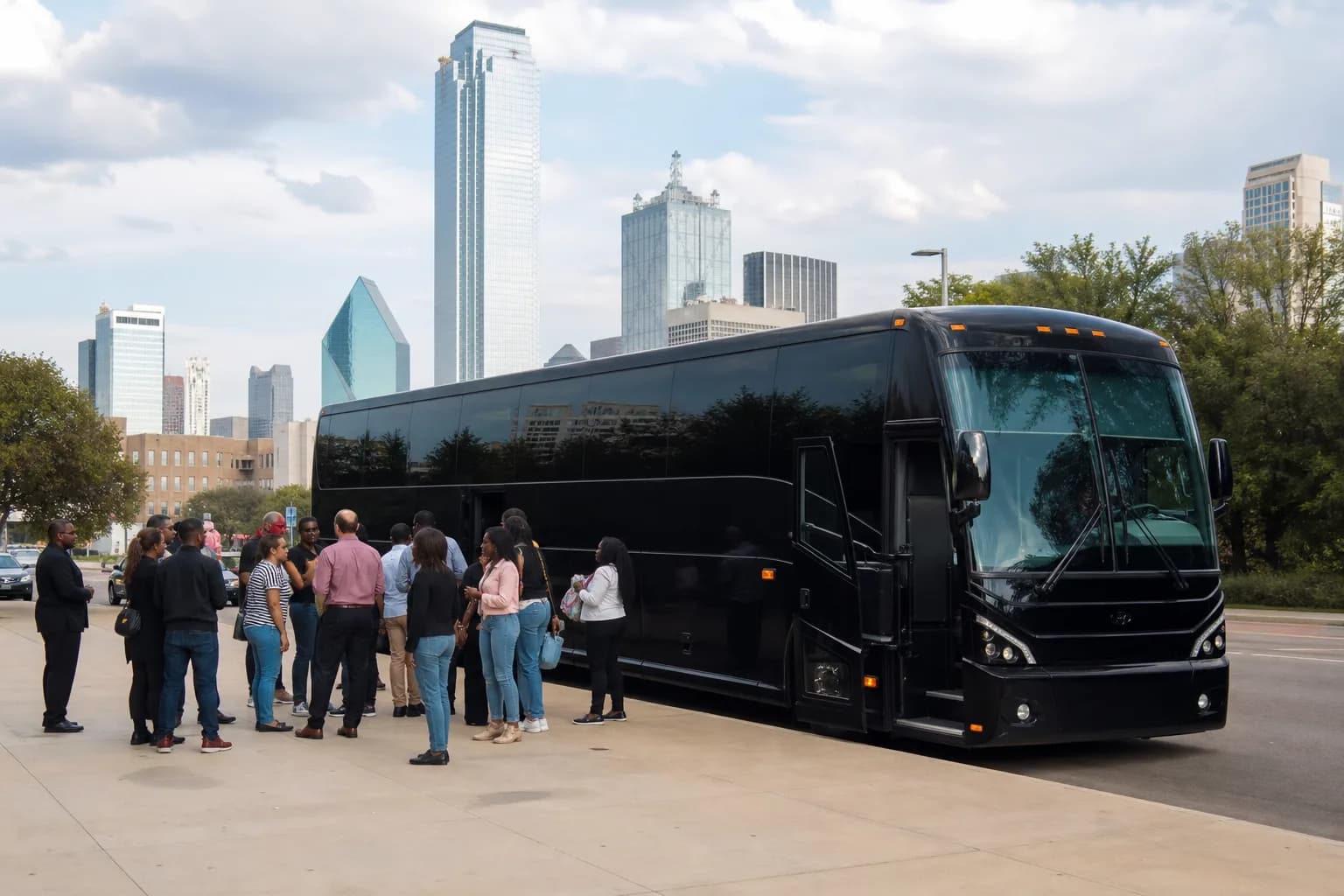 Black coach parked beside a waiting group with a downtown skyline in the background