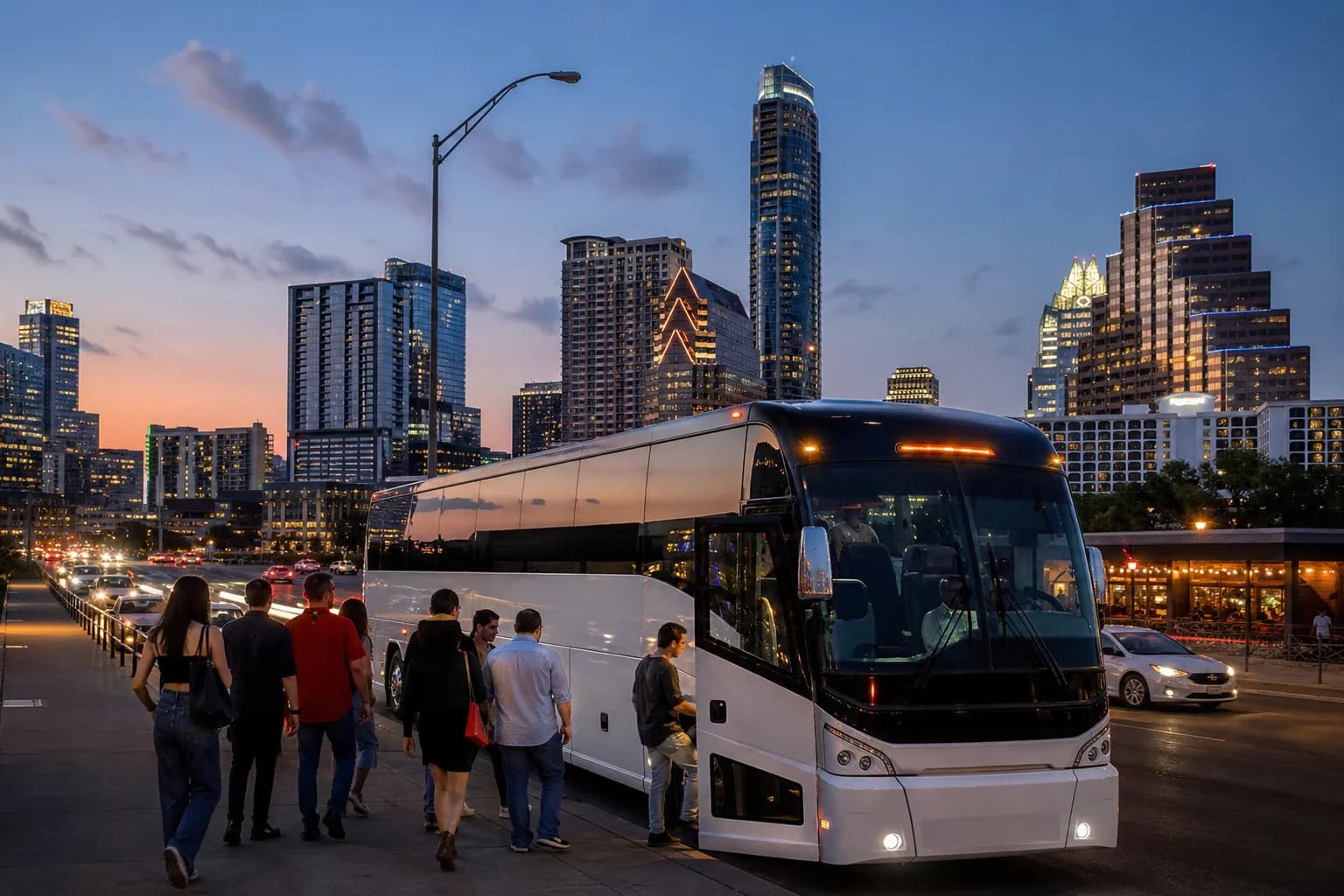White party bus stopped on a city street at dusk as a group walks toward the door