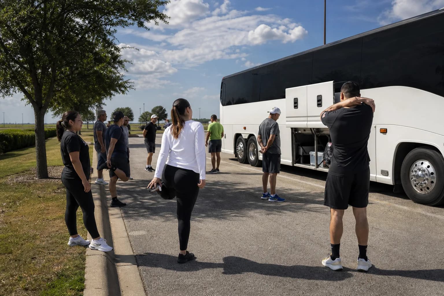 Passengers loading bags into the side luggage bay of a coach beside a park