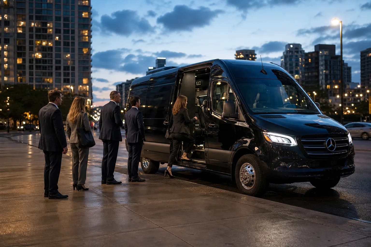 Bus 2 Ride — sprinter van at dusk city curb