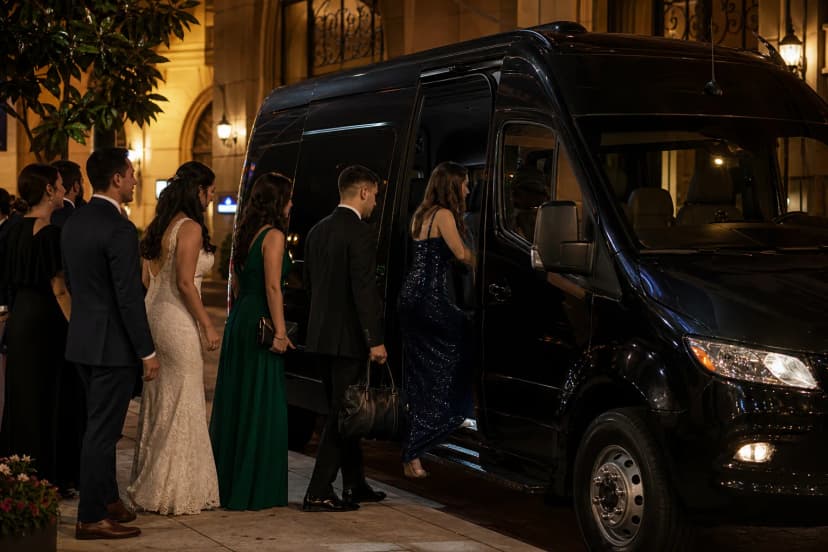 Bus 2 Ride — small group boarding a sprinter at venue curb