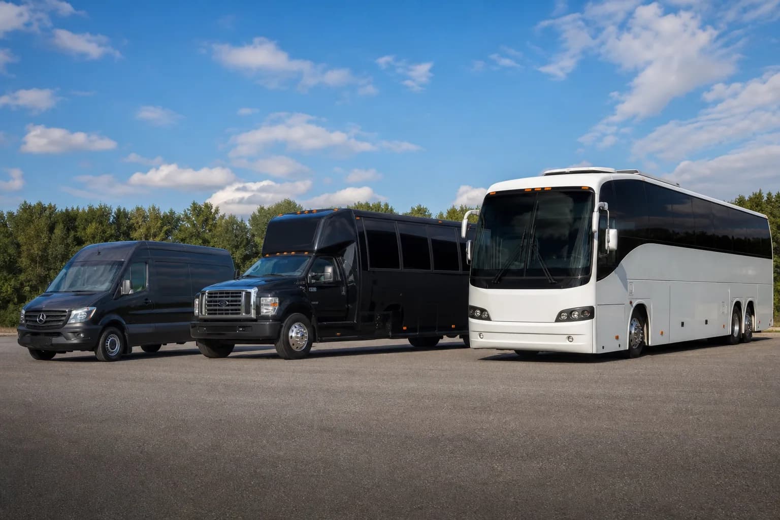 Four vehicle sizes parked in a row, from sprinter van up to full-size coach