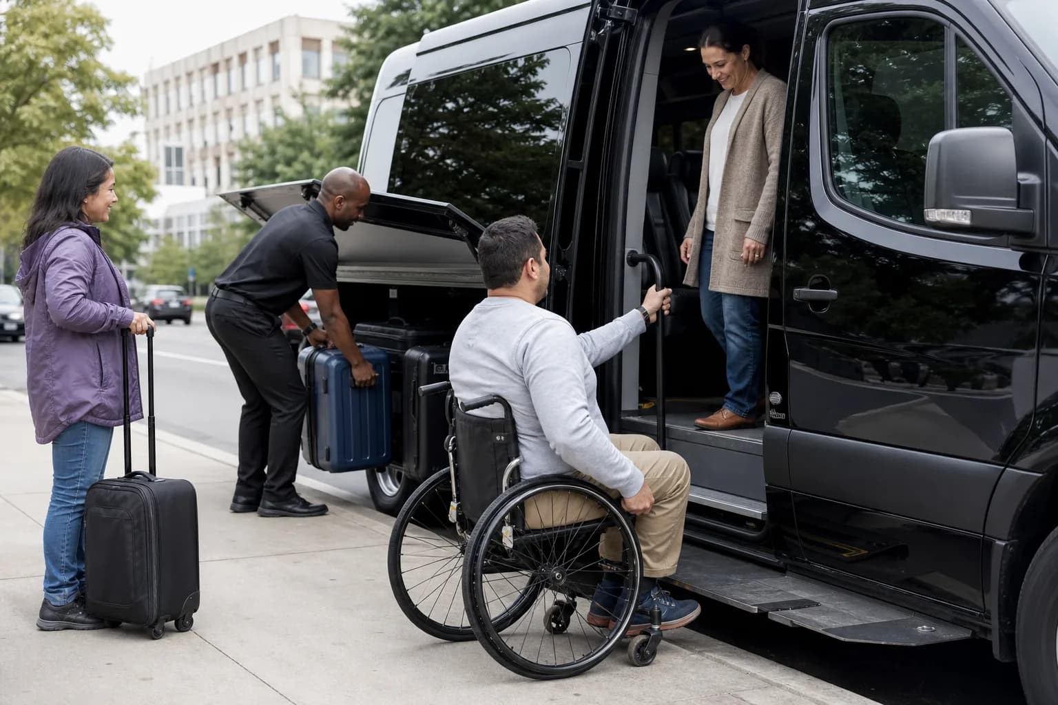 Chauffeur helping a wheelchair user board a van while another passenger hands over a suitcase
