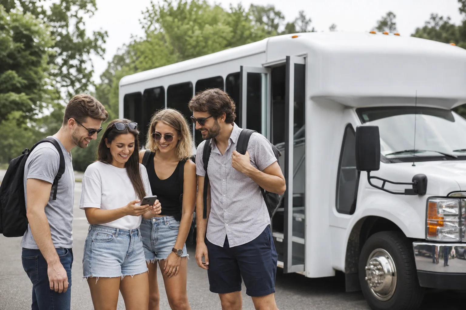 Four friends checking a phone beside a white minibus