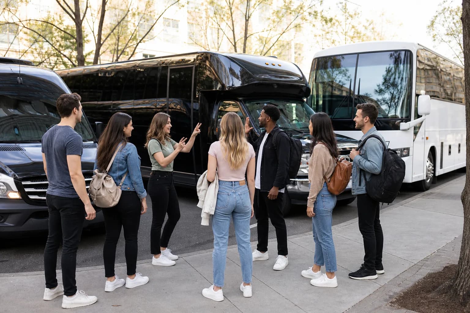 Group standing between a black bus and a white coach on a paved lot