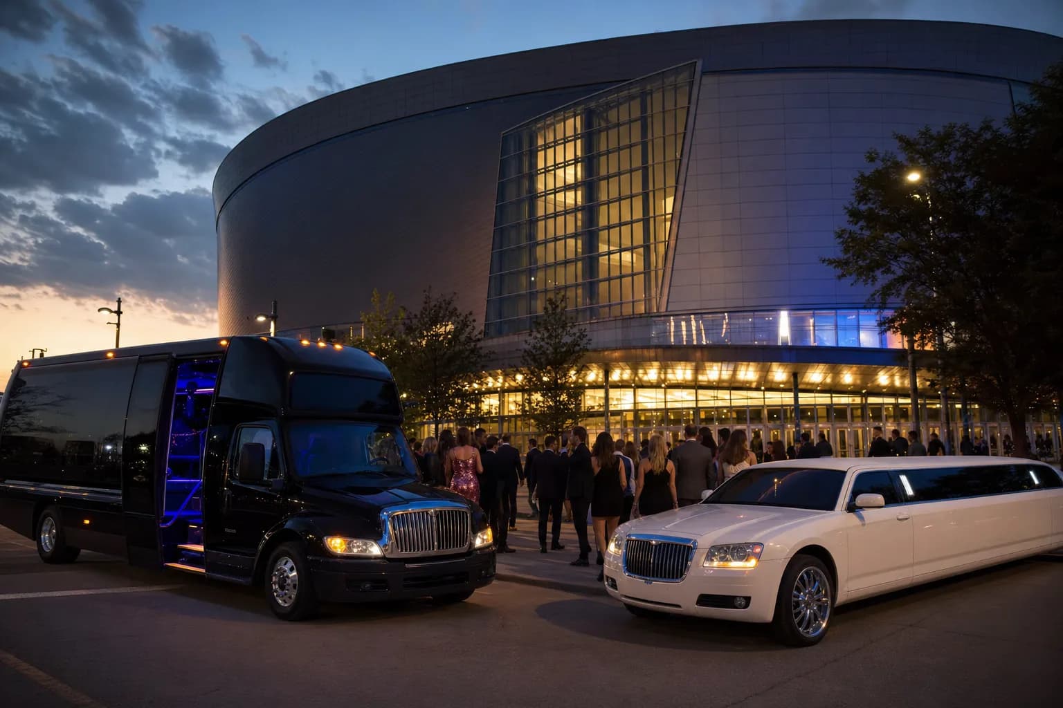 Black party bus and a white stretch limousine waiting outside a lit arena at dusk