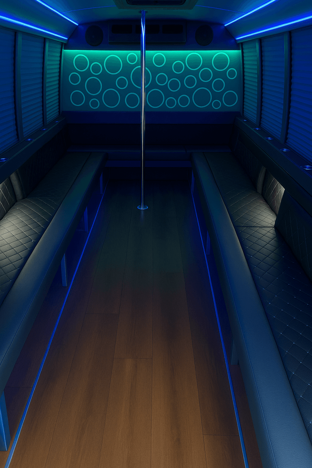 Representative 16 passenger party bus interior